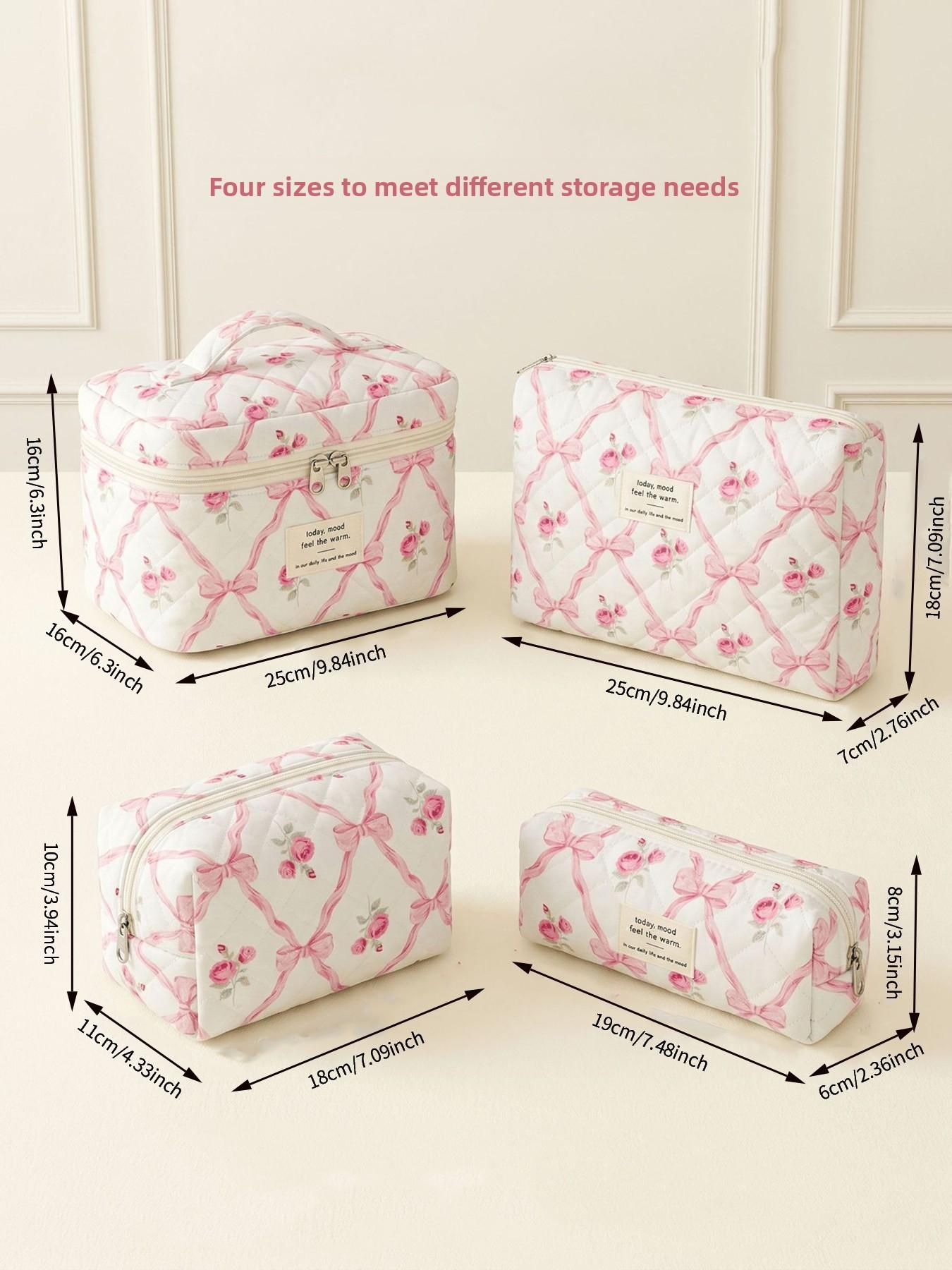 Pink rose bow quilted cosmetic bag set, multi-size cosmetic bag, suitable for daily and travel storage