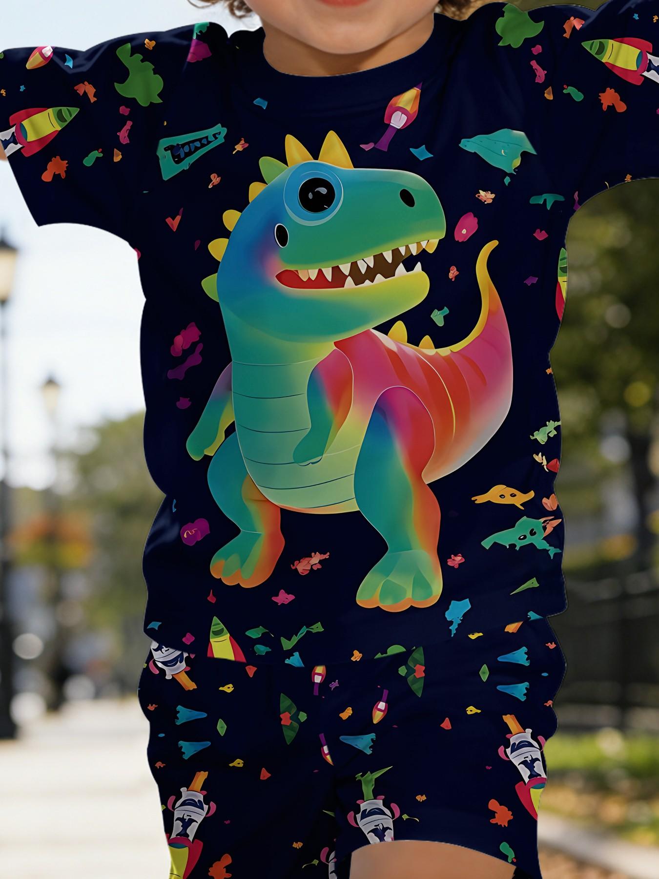 Colorful Rainbow Dinosaur Kids Short Sleeve Set, Boy's Summer Pajamas, Cartoon Print, Casual Wear, 100% Polyester, Perfect Gift for Babies