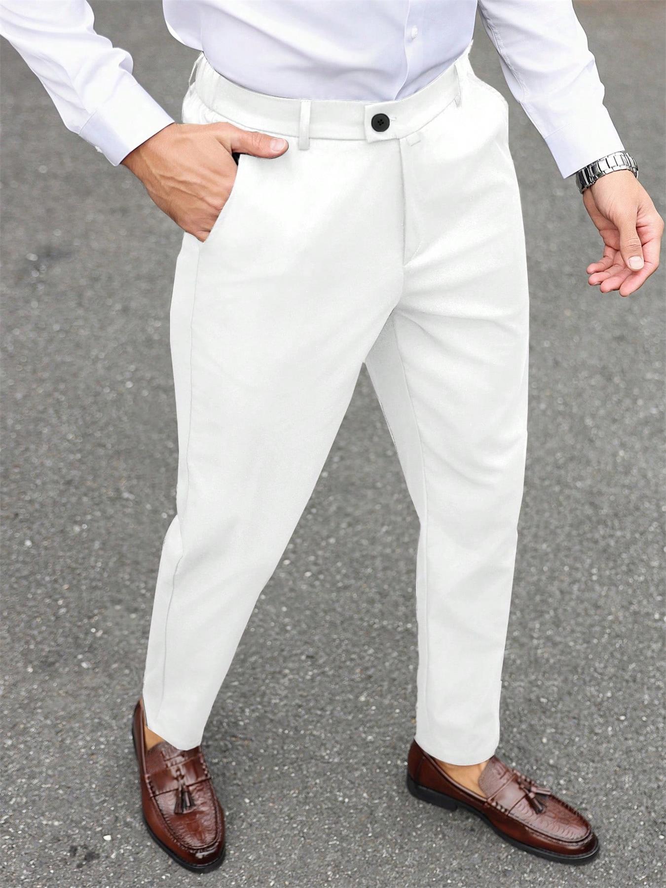 Men's Casual Solid Color Dress Pants Formal, Button Elastic Waist Fall Pants, Business Long Pants for Spring Summer Office Wear Club Wear Going Out Party