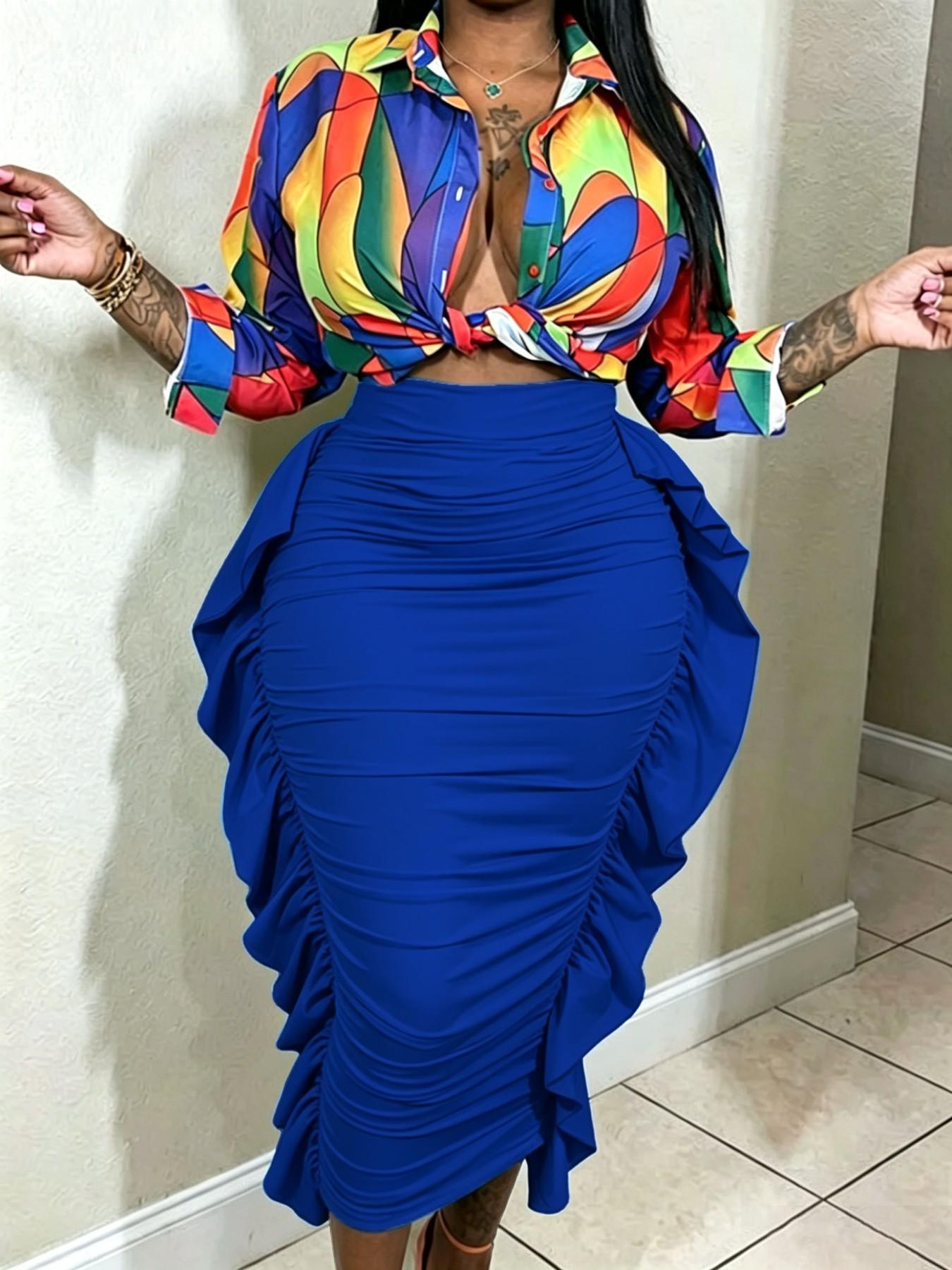 Spring Autumn Women's Solid High Waist Ruffle Bodycon Fit Midi Skirt, Casual Daily Wear, Vacation Style, Chic, Elegant and Comfortable