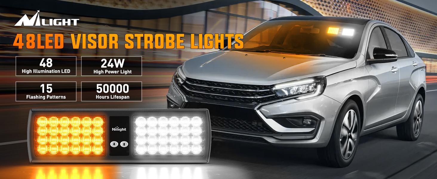 Nilight Amber White 48LED Visor Strobe Lights Interior Windshield Warning Lights Super Bright LED Strobe Lights for Enforcement Firefighters Vehicle Trucks