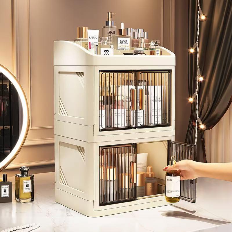 Foldable Cross-Border New Cosmetic Storage Cabinet, Multi-Layer Dual-Door Skincare Office Stationery Dustproof Organizer Box, Makeup Cosmetic Organizer, Cosmetics Organizer Storage, Beauty Supplies Organizer