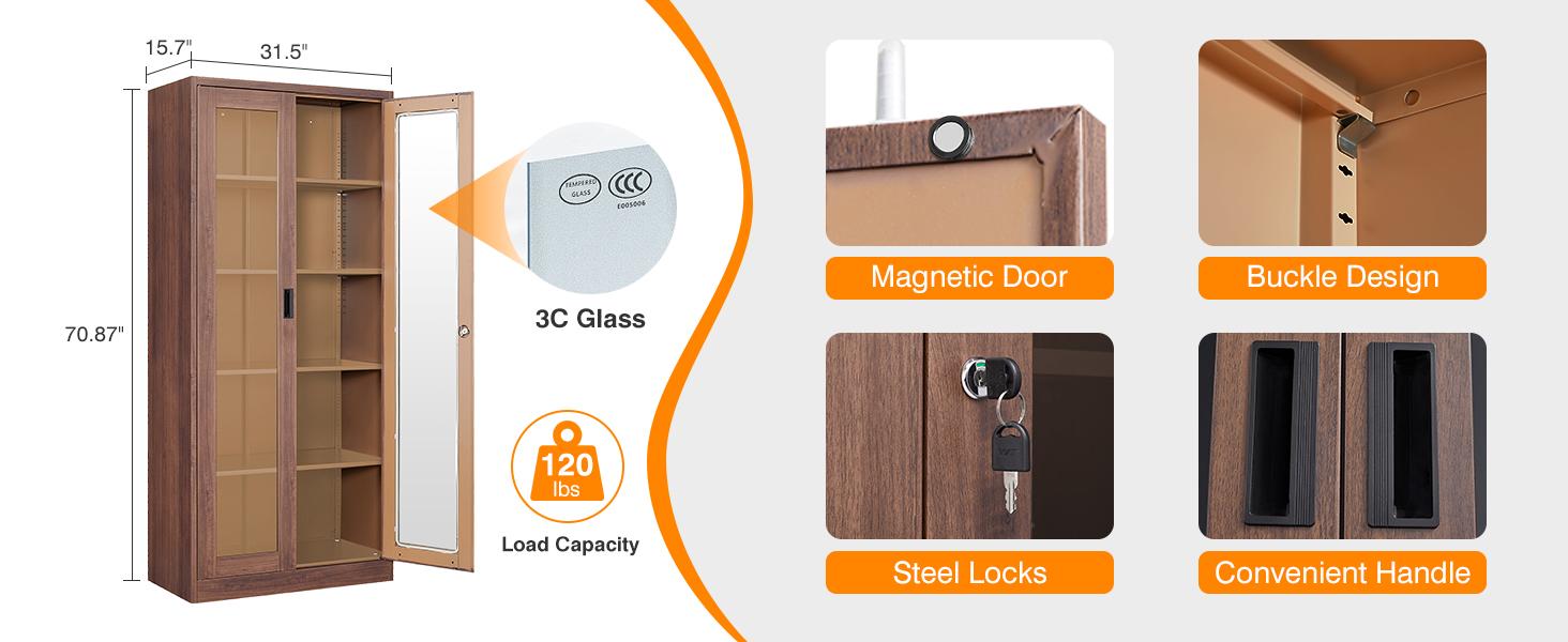 Letaya 71" Storage Cabinet, Display Cabinet with 4 Adjustable Shelves, Lockable Bookshelf Bookcase with Glass Door for Home, Office, Pantry, Kitchen,