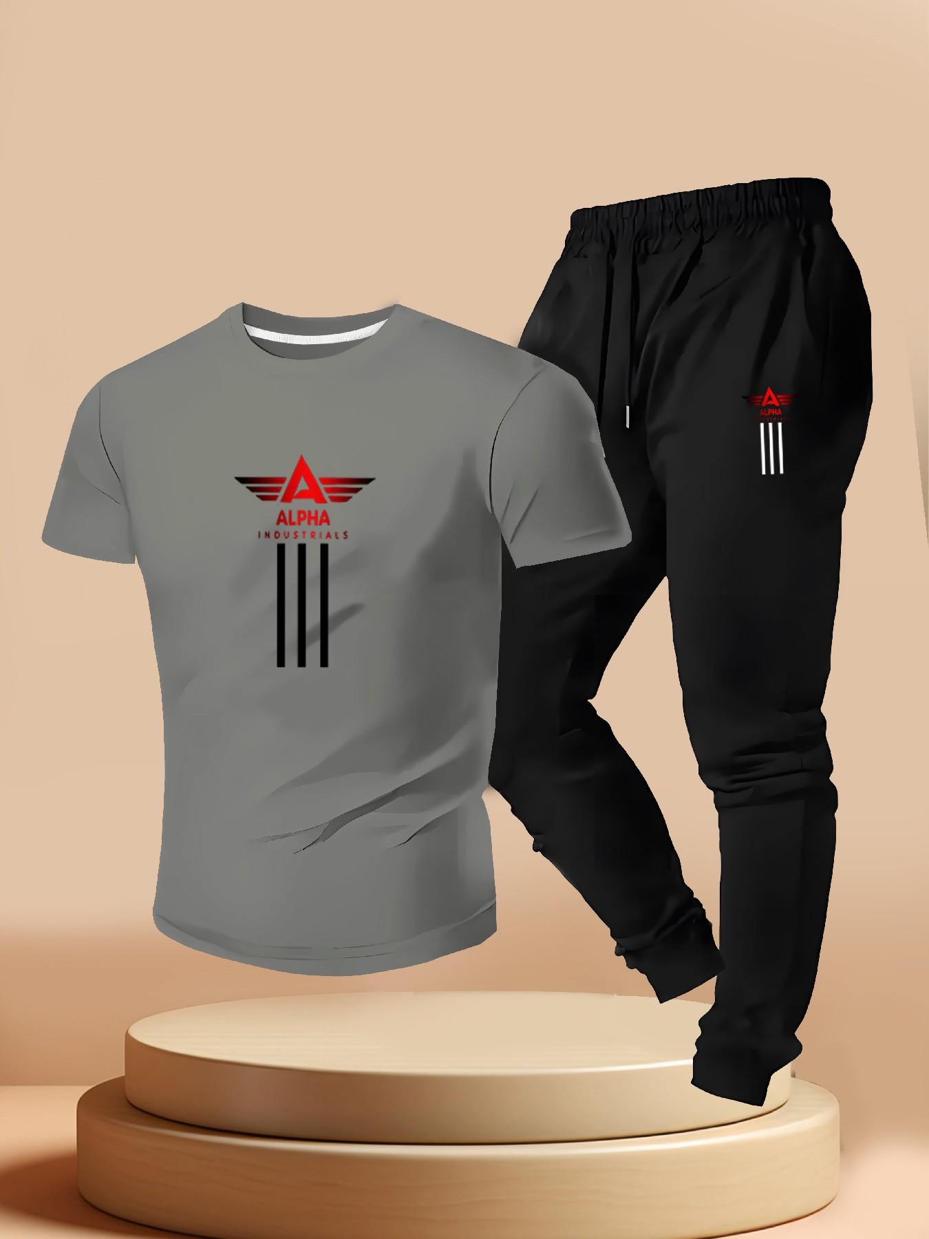 Men's Street Style Alpha Industrial Set, Short Sleeve Tee + Waistband Sports Pants, Summer Military Fashion Two-Piece
