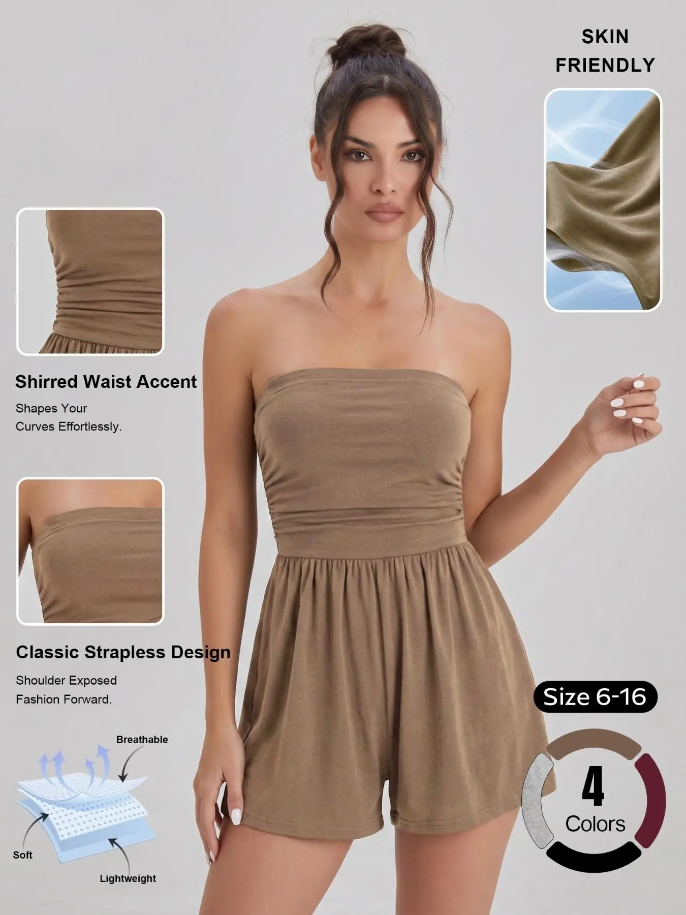 Women's Versatile Solid Color Strapless Shirred Waist Playsuit, Casual Breathable Jumpsuit, Lightweight High Stretch Sweat-Wicking Daily Outfit, Summer Skin-Friendly Breathable Flattering Womenswear #TikTokMadeMeBuyIt #SummerEssentials #Athleisure