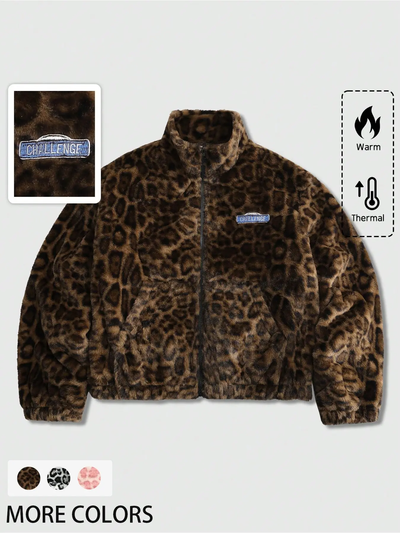 Leopard Print Fleece Zipper Jacket, Vintage Millennial Loose Stand Collar Warm Thick Fake Fur Coat, Unisex Winter Streetwear Outerwear