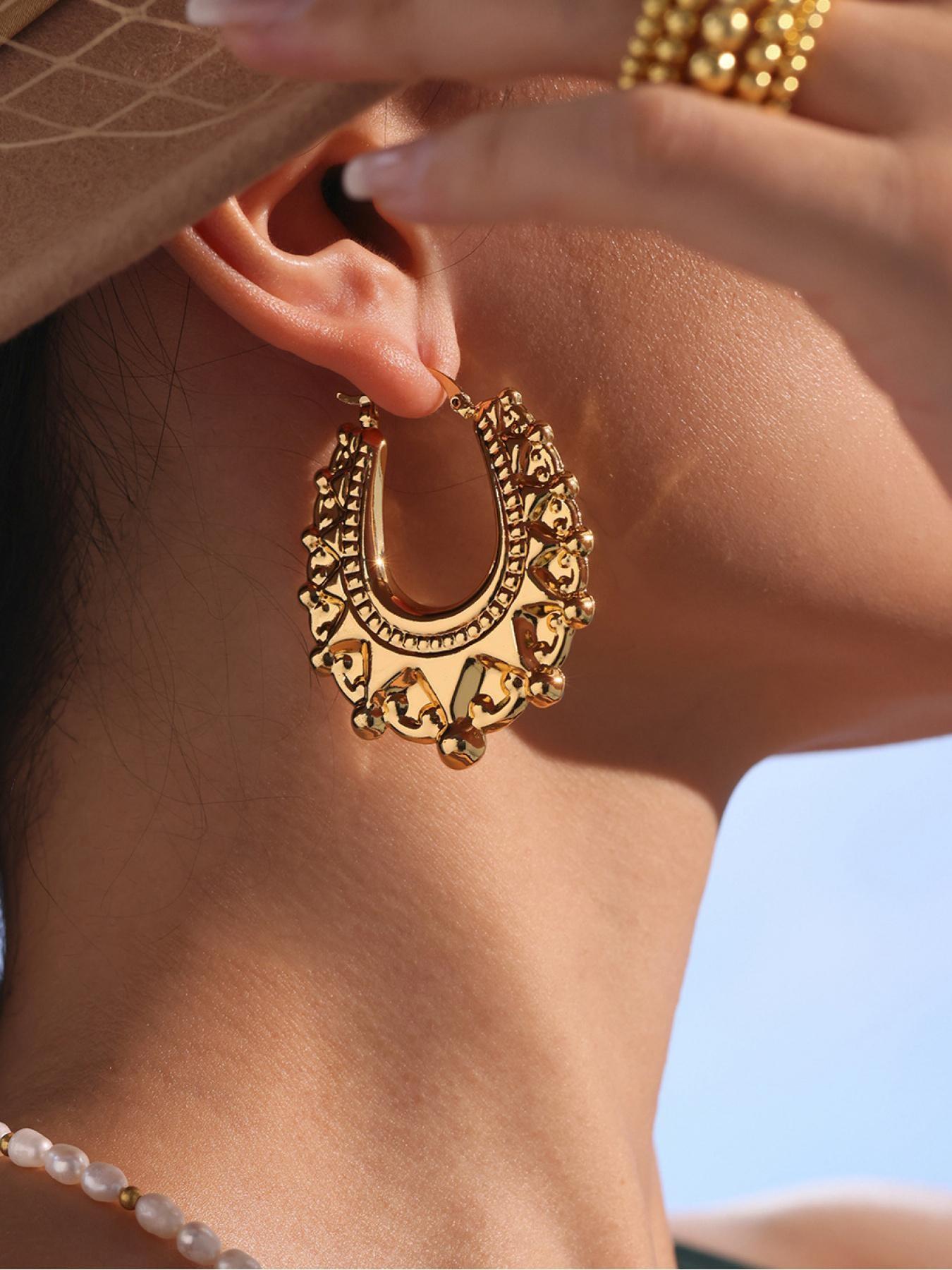 Women's 50mm Vintage Carved Creole Bohemian Earrings, Elegant Large Oval Design, Perfect Gift for Mom Wife Girlfriend, Fashion Jewelry Accessories