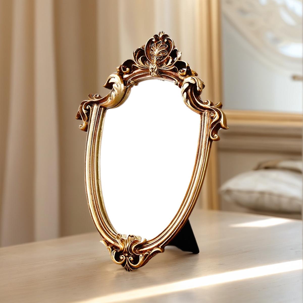 European Classical Gold Pattern Mirror Decorative Ornament, Wall-Mounted or Tabletop, Home Wall Decoration, Vanity Mirror