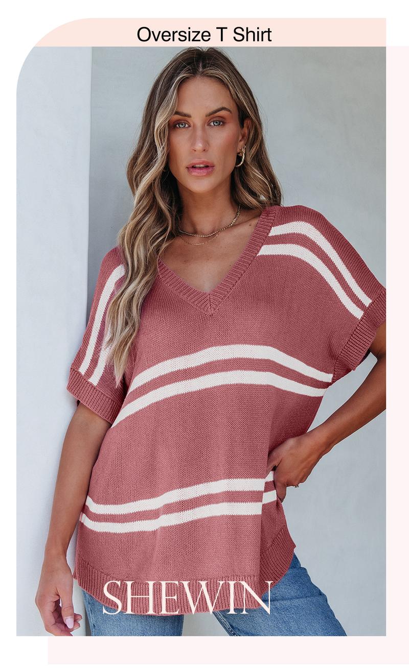 Shewin 2026 Spring/Summer Women's Oversized Knit Sweater Pullover Cozy Striped Crewneck Batwing Sleeve Stretchy Acrylic Top