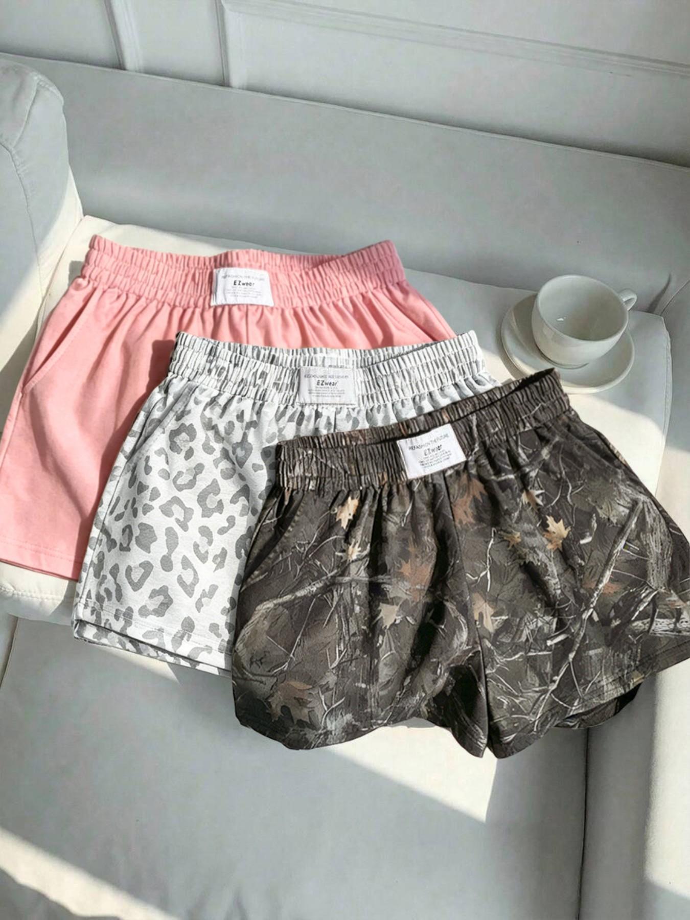 3-Pack Women's Summer Casual, Fashion, Elastic Waistband Shorts: Leopard Print + Solid Color – Comfortable, Loose Fit. Soft fabric, slant pockets, letter tag design. Suitable for daily light exercise, going out, home wear