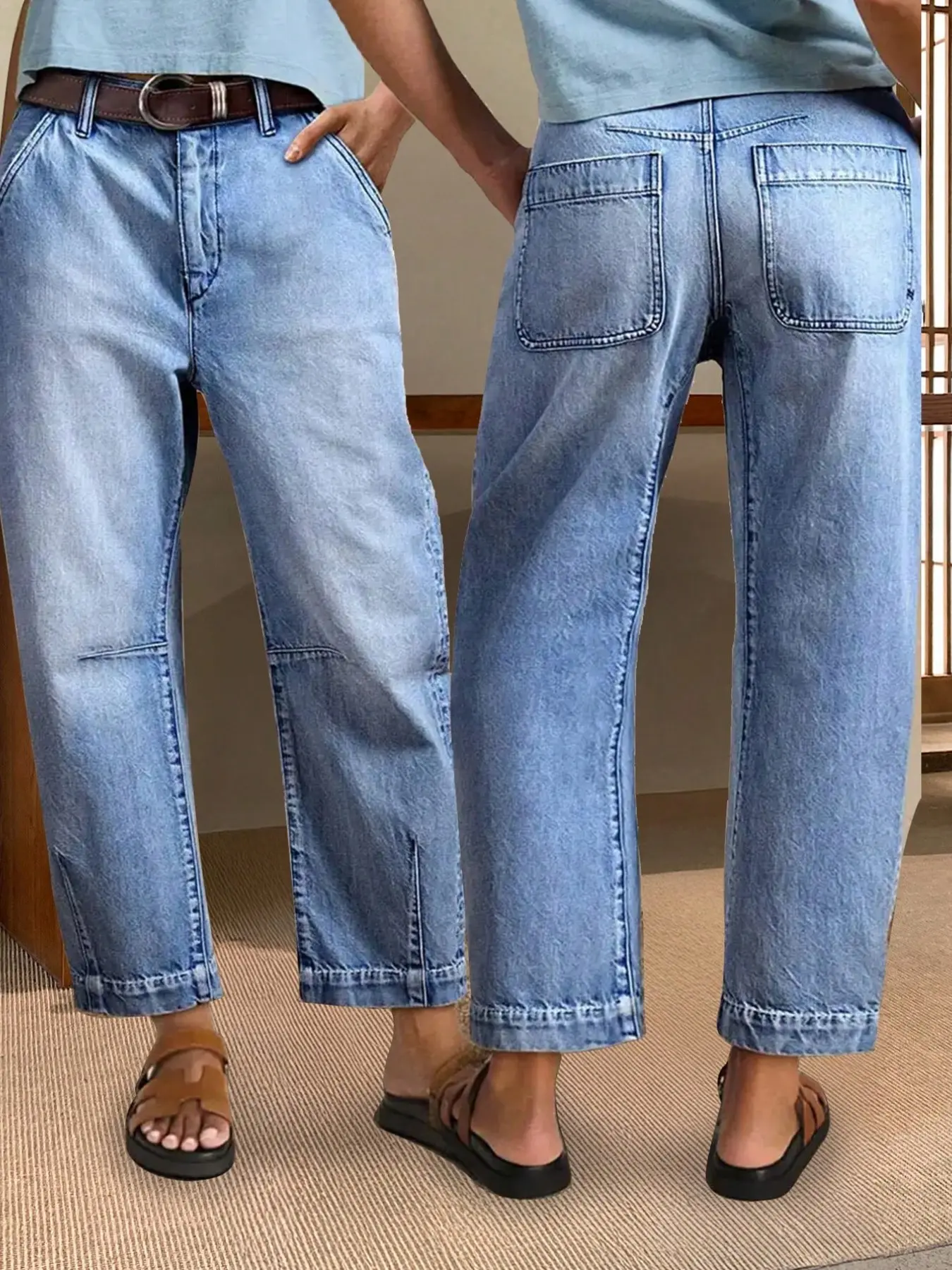 Women's Plus Size Vintage Washed Light Wash Blue Jeans, Barrel jeans, Loose-Fitting Button Fly, Casual Comfortable, Suitable for All Seasons, Versatile Nine-Inch Pants