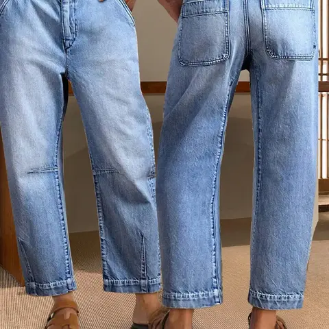 Women's Plus-Size Vintage-Wash Barrel-Leg Jeans, Baggy Ankle-Length Denim Pants with Button Fly