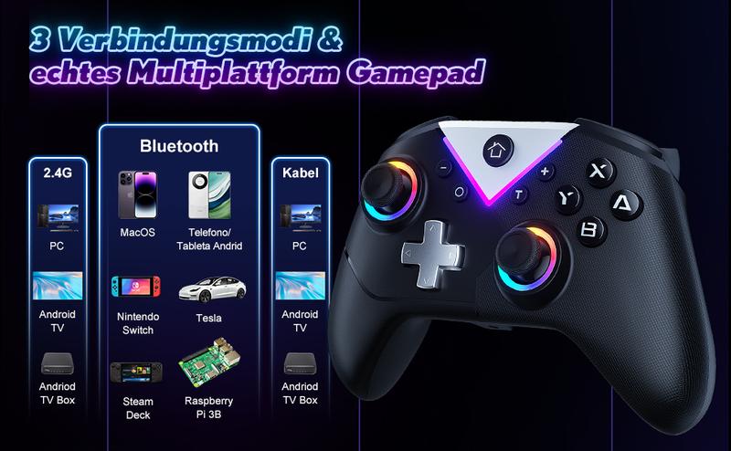 Switch Controller Button RGB - Wireless Pro Controller Compatible with PC/Switch/Steam, Multi-Platform Windows PC/IOS/Android Controller with 11 Light Mode/Programmable/Vibration/Turbo/Wakeup Accessories