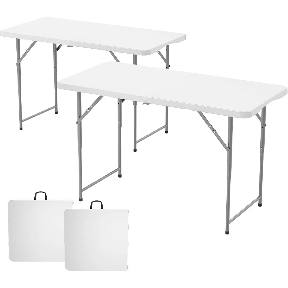 2 Pack 4FT Folding Table HDPE Foldable Table with Carrying Handle | 3 Adjustable Height Metal Frame Support Up to 400LB Portable for Picnic Camping Party Indoor & Outdoor Use,