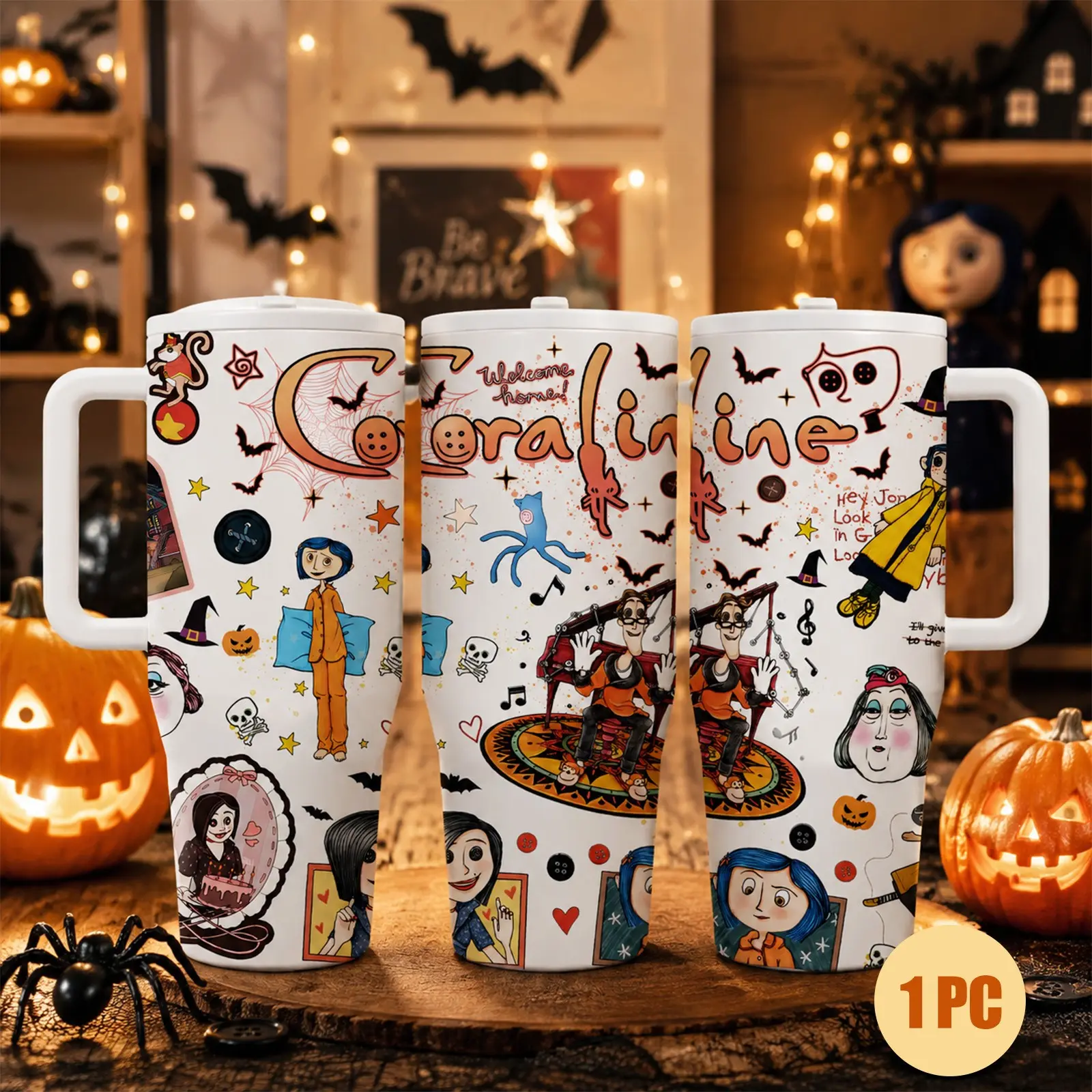 1pc 40oz Stainless Steel Tumbler with Lid and Straw, Coraline Dark Fantasy Cartoon Style, Vacuum Insulated Thermal Cup, Keep Hot 12H / Cold 24H, Creepy Cute Travel Mug for Movie Fans, Unique Gift for Horror Aesthetic Lovers, Halloween Gifts