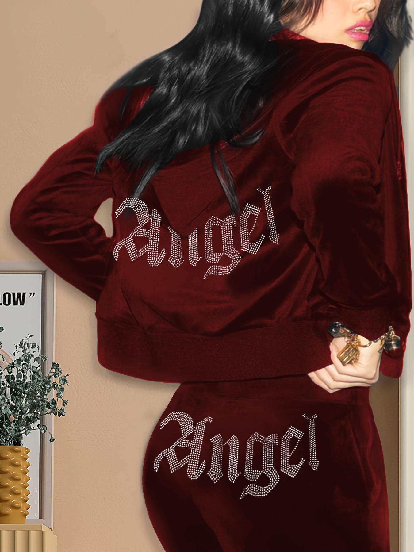 Women's "Angel" Rhinestone Letter Decor Pants Set, Casual Zip Up Hoodie & Elastic Waist Pants Set for Spring & Fall, Women's Clothes