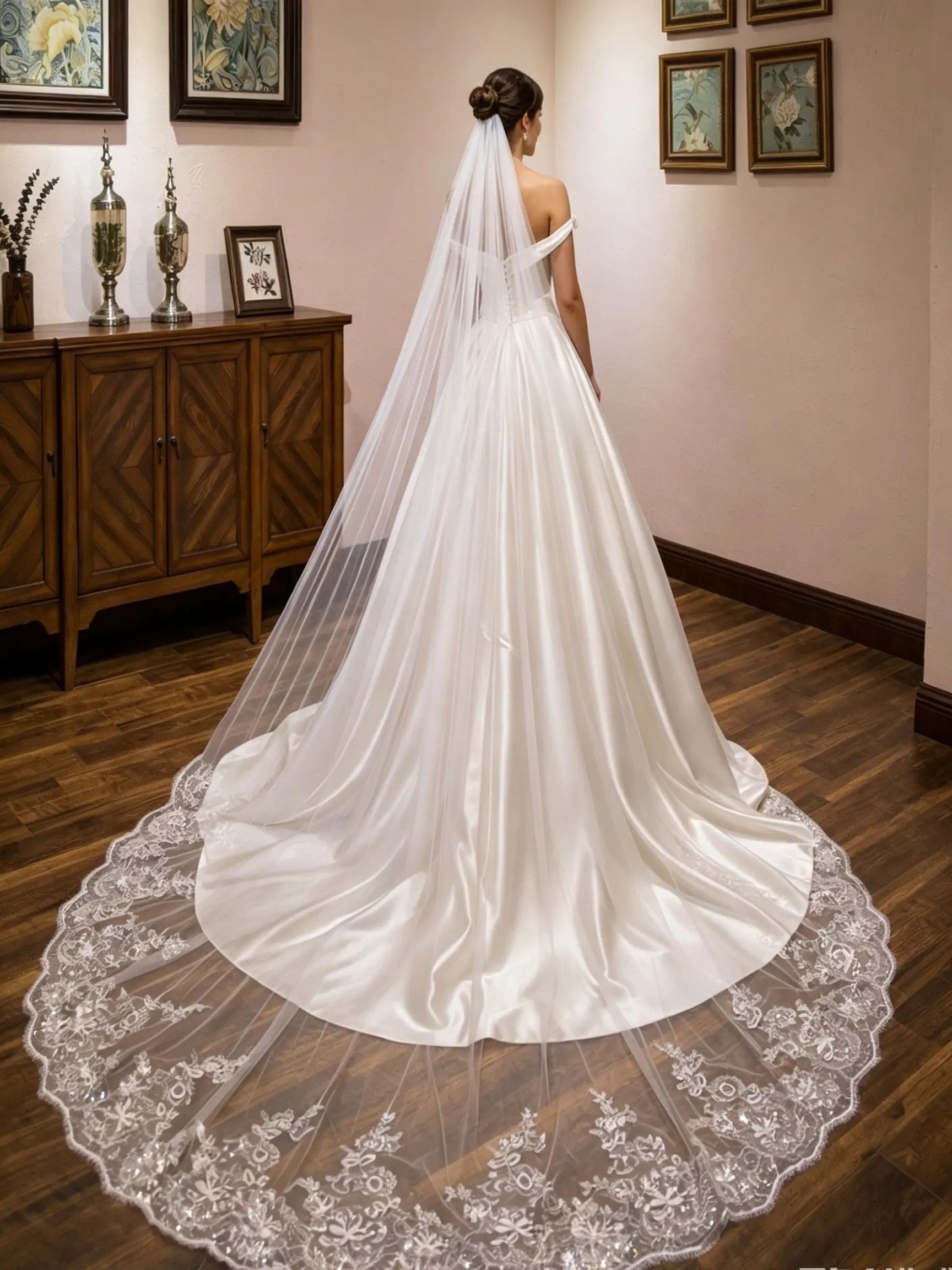 This 3-meter-long wedding veil features exquisite floral embroidery and lace edging along the hem. Crafted from soft tulle, it comes with a concealed hair comb. This romantic, long veil is perfect for church weddings and wedding photography.