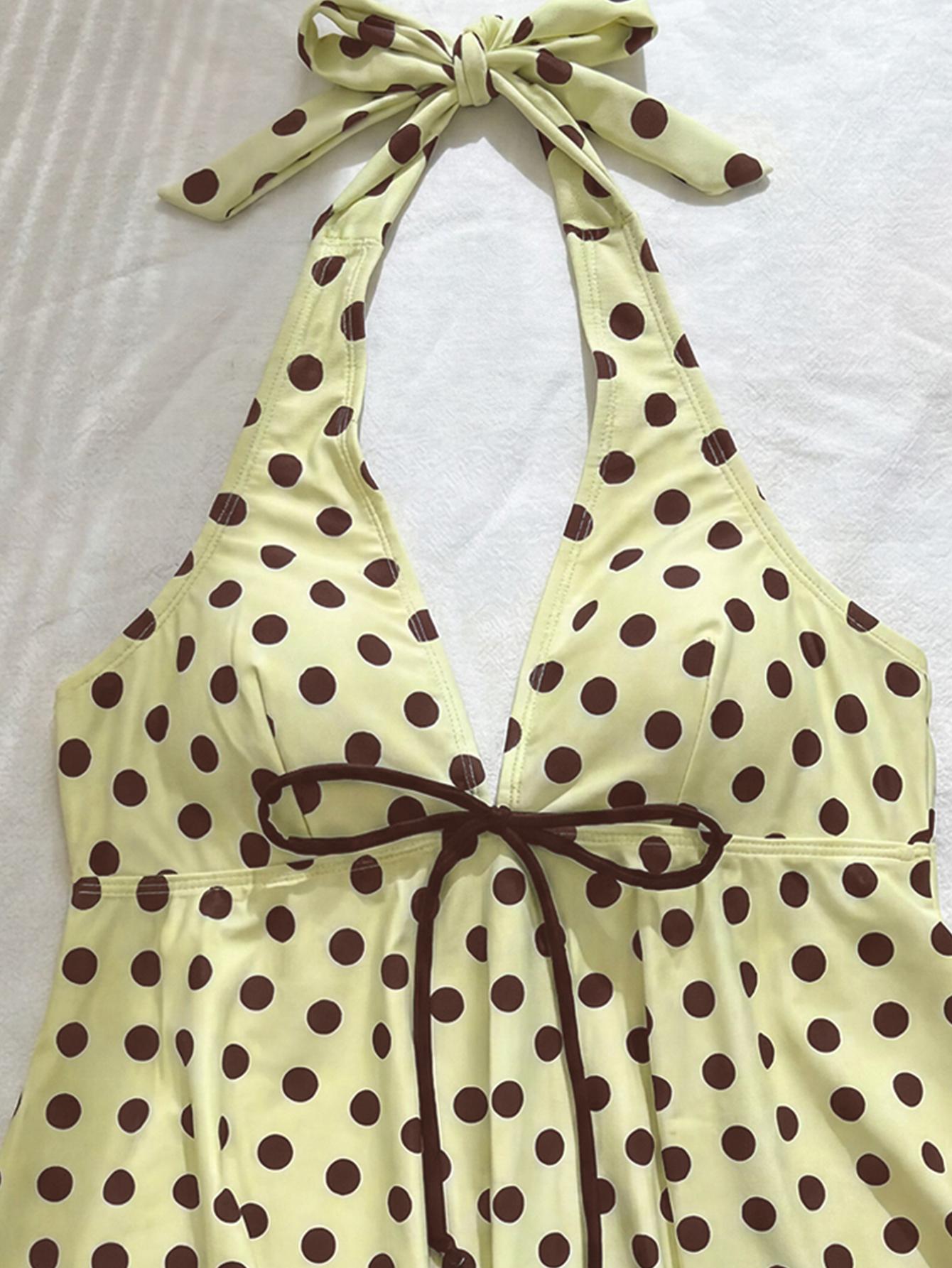 Polka Dot Print Sexy V-Neck Tankini Swimsuit, Halter Neck Push-Up Tie Chic Swimwear, Summer Beach Resort Pool Wear, Beachwear Swimsuit Set, Beach Bathing Suit