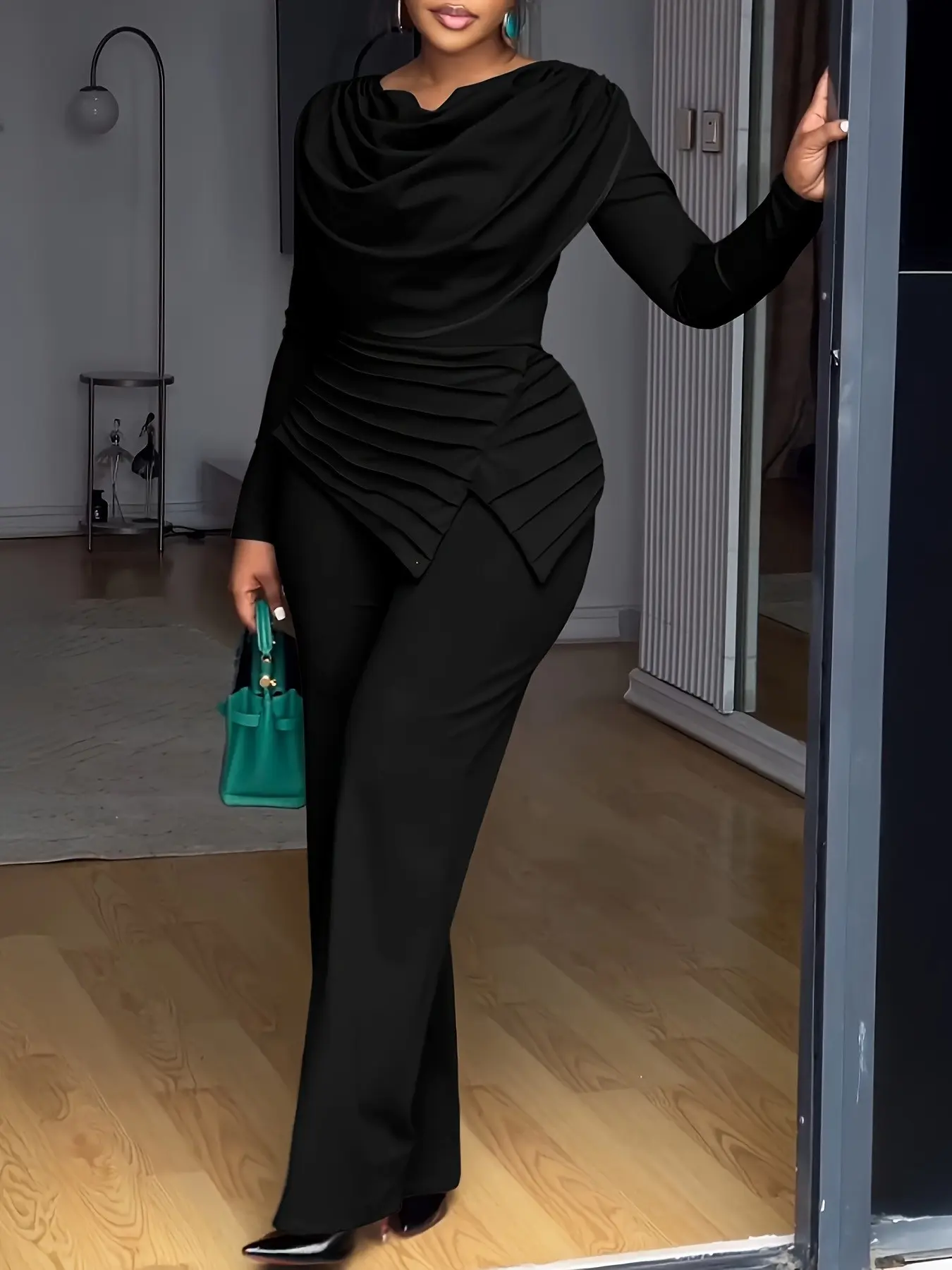 Elegant Two Piece Pant Set, Cowl Neck Draped Long Sleeve Blouse, High Waist Flared Trousers, Formal Wedding Guest