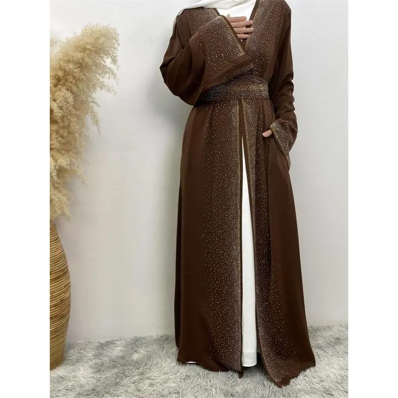 Women's Glitter Rhinestone Embellished Belted Abaya, Long Sleeve Open Front Abayas, Islamic Clothing for Spring & Fall