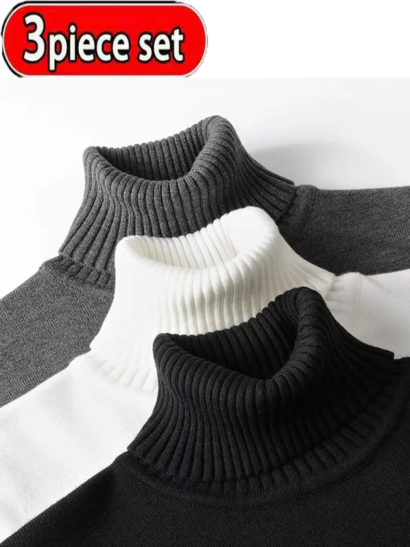 Men's Winter High-Neck Knit Polyester Sweater 3-Piece Set, Casual Fleece- Lined Long Sleeve Pullover, Warm for Daily Wear Knitwear Tops
