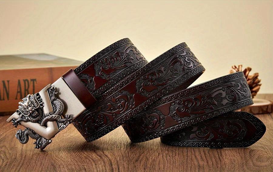 Men's Ratchet Leather Belt Engraved Vintage Dragon Leather Ratchet Belt for Men Eagle Button Belt Adjustable Brown