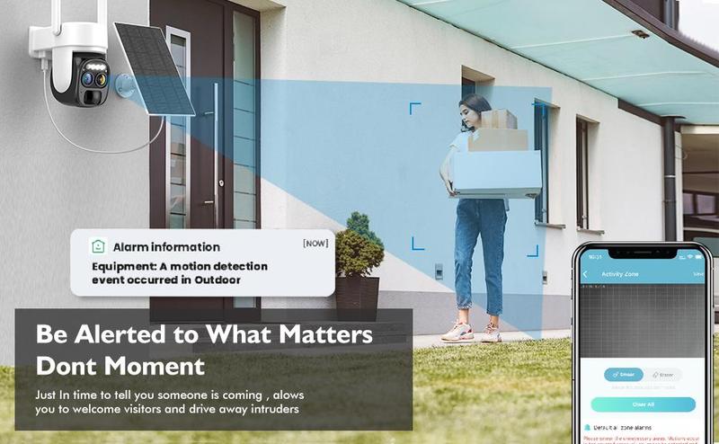 Hawkray Solar Wireless Outdoor Camera Dual-Lens 10X Zoom 2K Resolution 360° Pan Tilt Control Two-Way Audio with Spotlight Siren PIR Motion Detection Card Remote Safety Connection Black Sd Water Proof