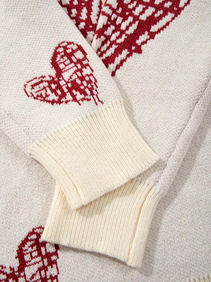 Men's New Casual Loose Fit High Neck Knit Sweater, Loose Casual Pullover, Full Heart Print, Vintage Versatile Commuter Long Sleeve Top, Valentine's Day Gift