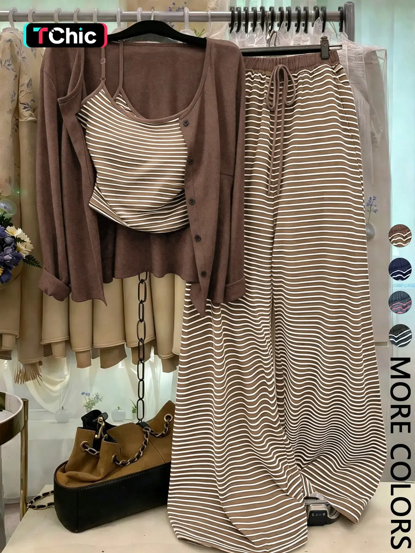Women's 3-Piece Knit Cardigan Set, Button-Front Cardigan with Striped Tank Top and Wide-Leg Pants, Elegant Casual Outfit for Fall and Winter