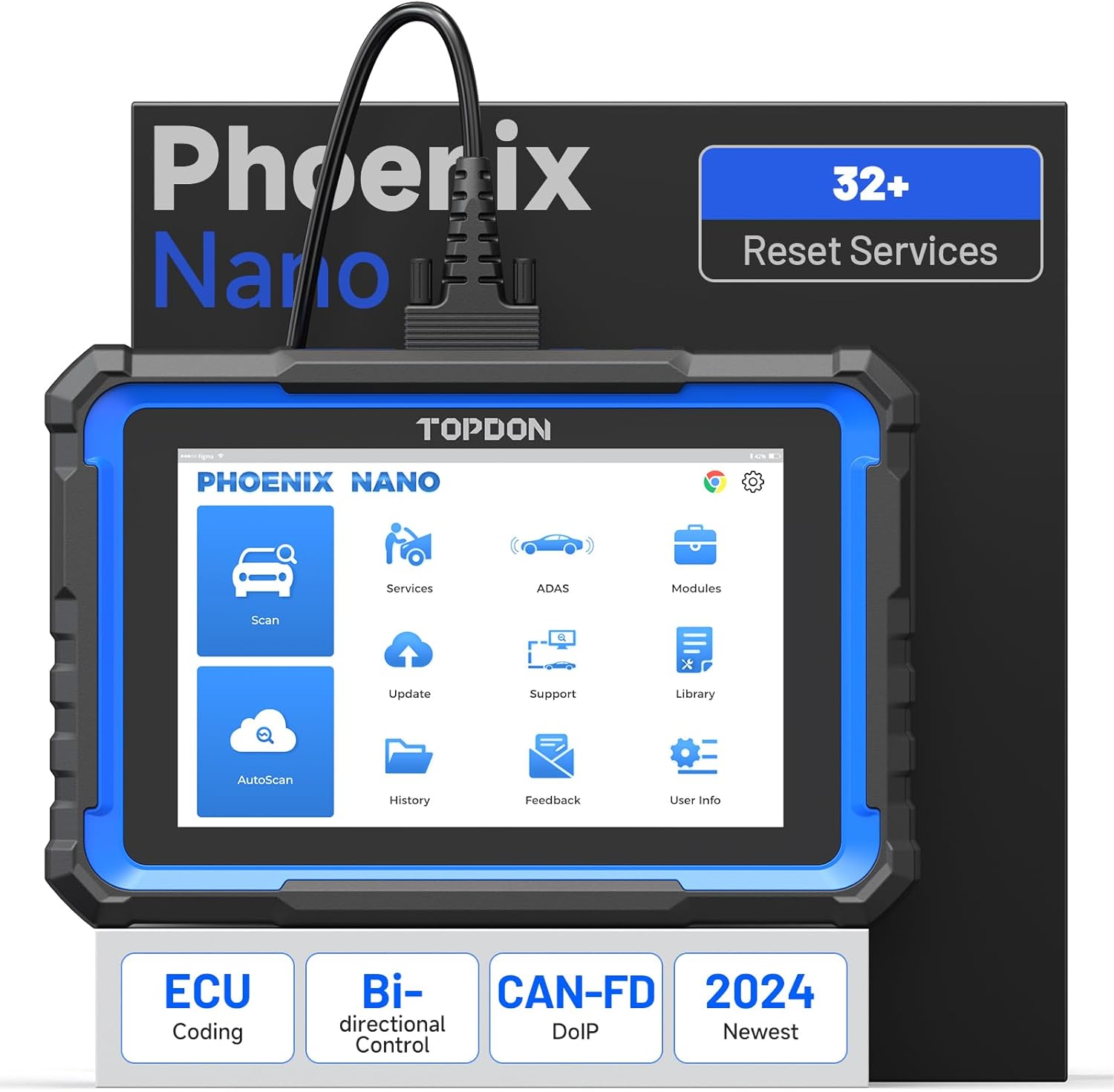 TOPDON Phoenix Nano, Bidirectional Scan Tool, ECU Coding Tool, FCA AutoAuth, CAN FD/DoIP Protocols, 32+ Special Functions, Full System Diagnostic, Free Updates for 2 Years
