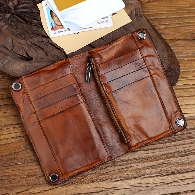 Men'S Genuine Leather Wallet Zipper Bag Multi-Card Slot First Layer Cowhide Handmade Large Capacity Card Holder Wallet