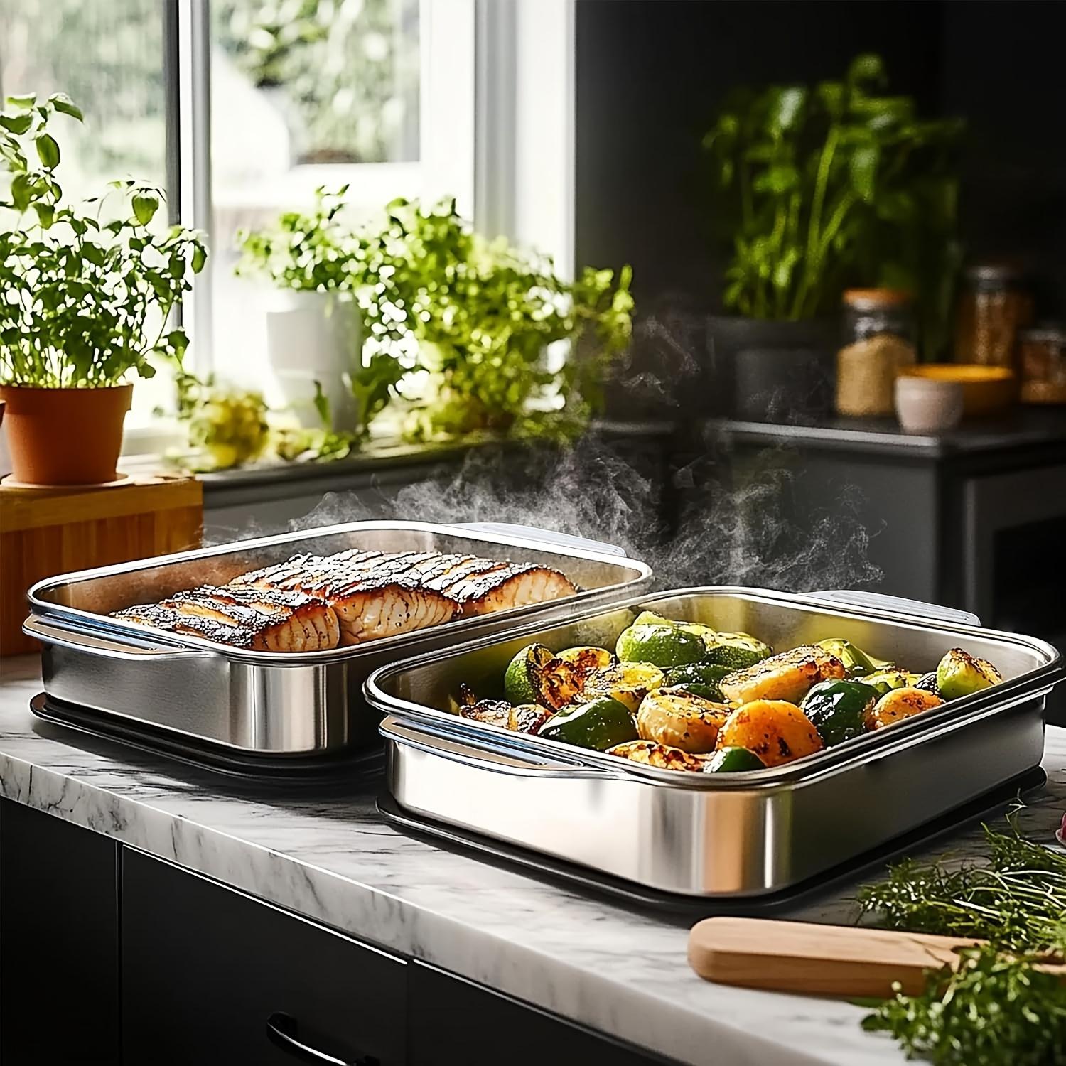 1/2/4PCS Extra Large Thickened Stainless Steel Fish Roasting Pan with Lid - Rectangular Non-Stick Oven Tray, Ideal for Desserts, Bread & Seafood - Perfect for Grilling & Buffet Serving | Spacious Design, Great Christmas Gift