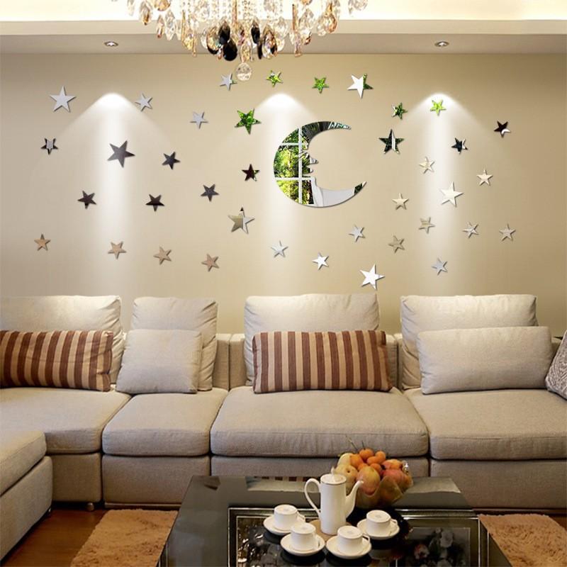 Moon & Stars Acrylic Mirror Wall Stickers, 3D Self-Adhesive DIY Celestial Mirror Wall Decals, Modern Nordic Style Shatterproof Wall Art Decor for Kids Room Bedroom Nursery, Make Room Look Bigger, Easy Install