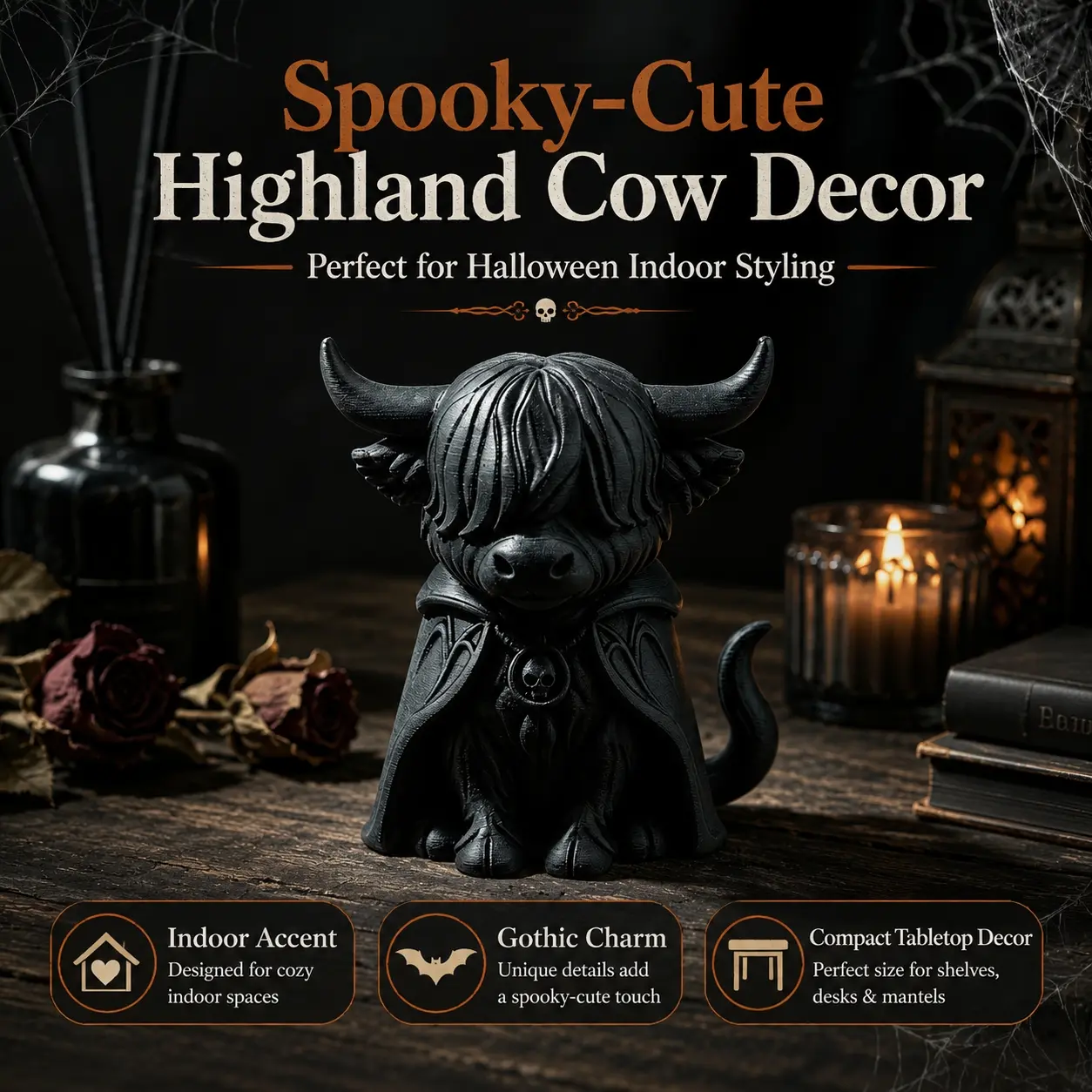 Gothic Highland Cow Statue Figurine, Black Halloween Cow Ornament with Devil Costume, Cute Spooky Animal Sculpture for Shelf, Desk, Mantel, Bookshelf, Tabletop Home Office Halloween Decoration