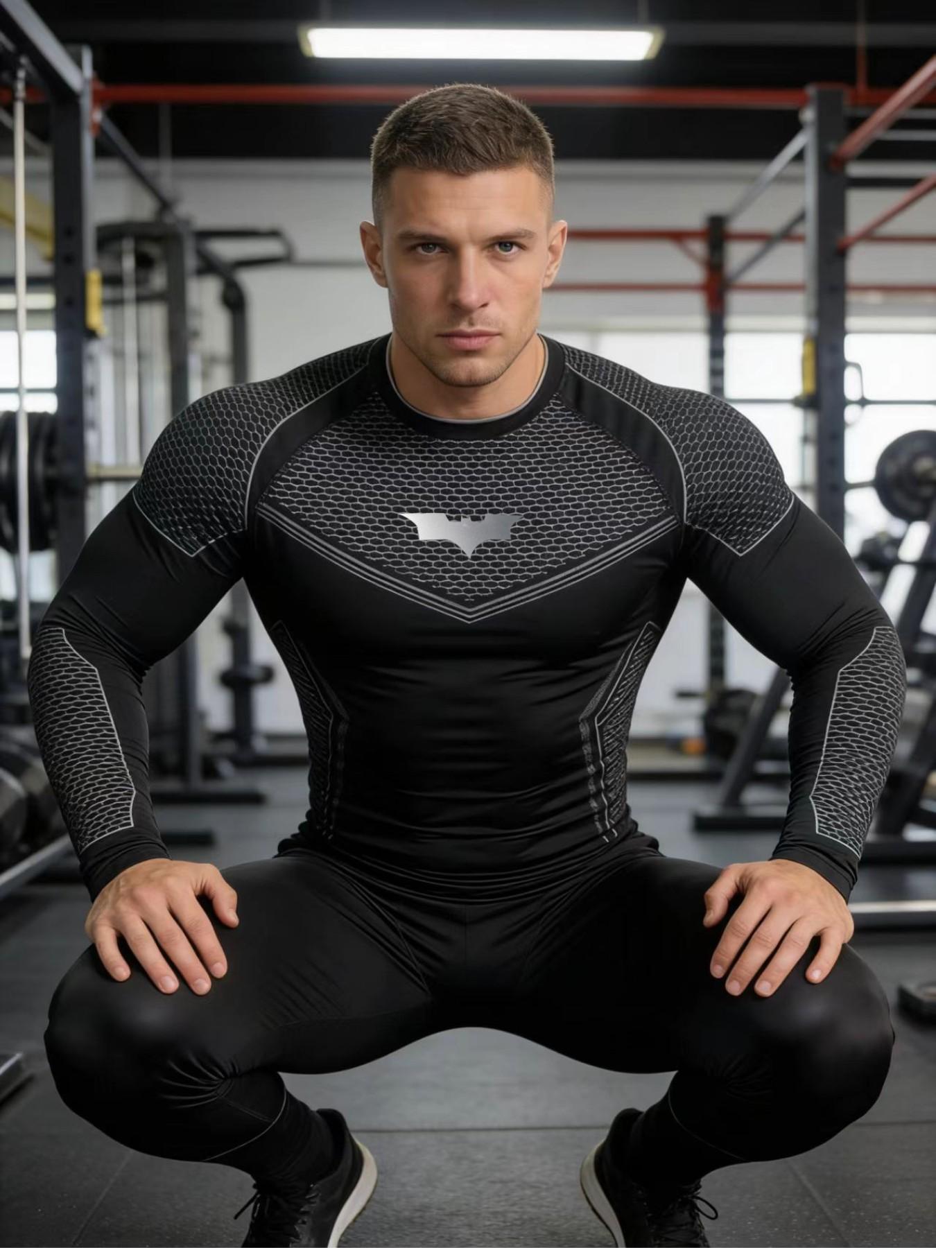 Men's Batman Sports Long Sleeve High Stretch Quick-Dry Fitness Tight Fit Running Ironing Essential, Sporty Style, All over Print, High Performance Activewear, Gym Athletic Clothes, Athletic Tops