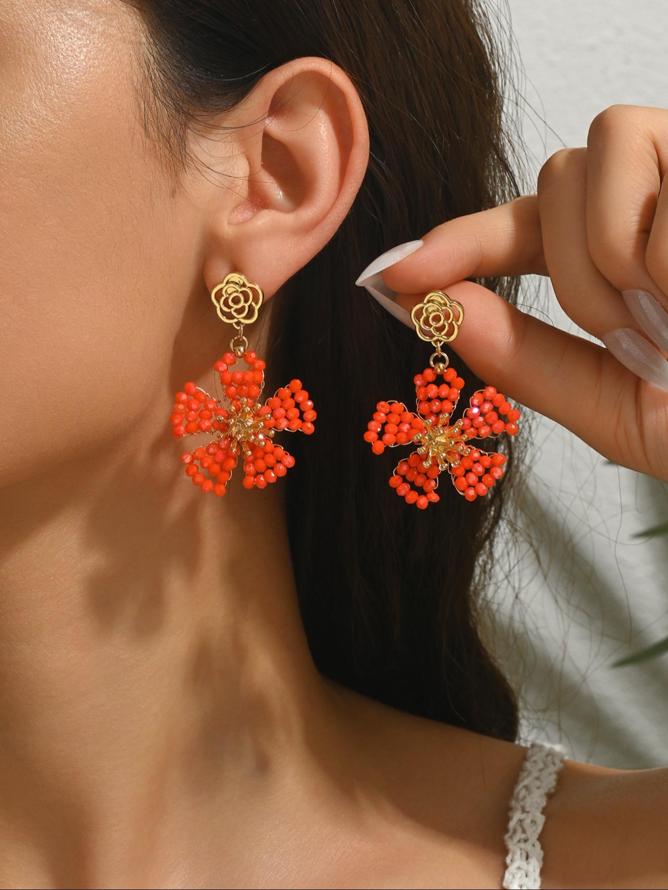 A pair of handcrafted, bohemian-style vintage dangle earrings featuring beaded floral designs—the perfect gift for a loved one, mother, or friend. An ideal present for Valentine's Day, Mother's Day, International Women's Day, wedding season, Thanksgiving