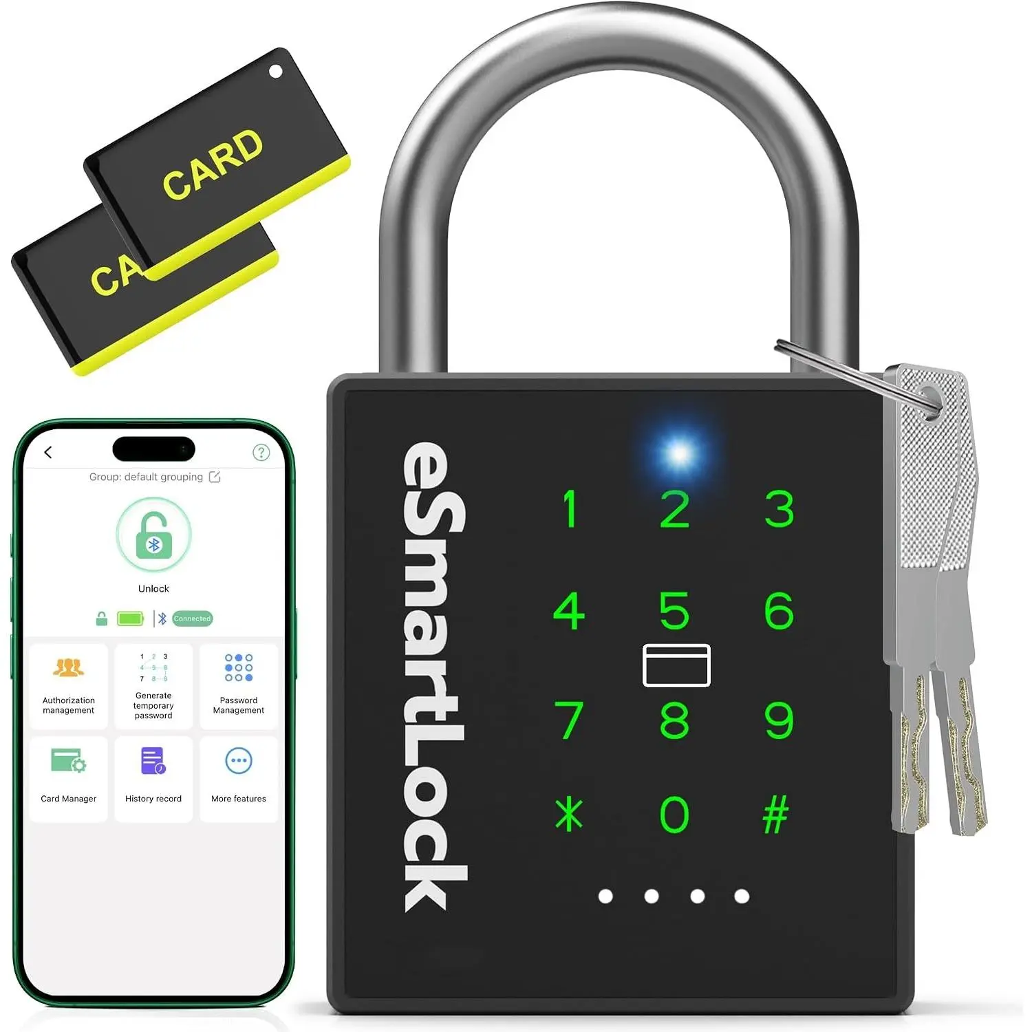 Smart Padlock with Key, Heavy Duty Combination Padlock, RFID Pad Lock with Codes Bluetooth APP Access, Outdoor Waterproof Electronic Key Lock for Gate Fence Shed Locker Garage Garden