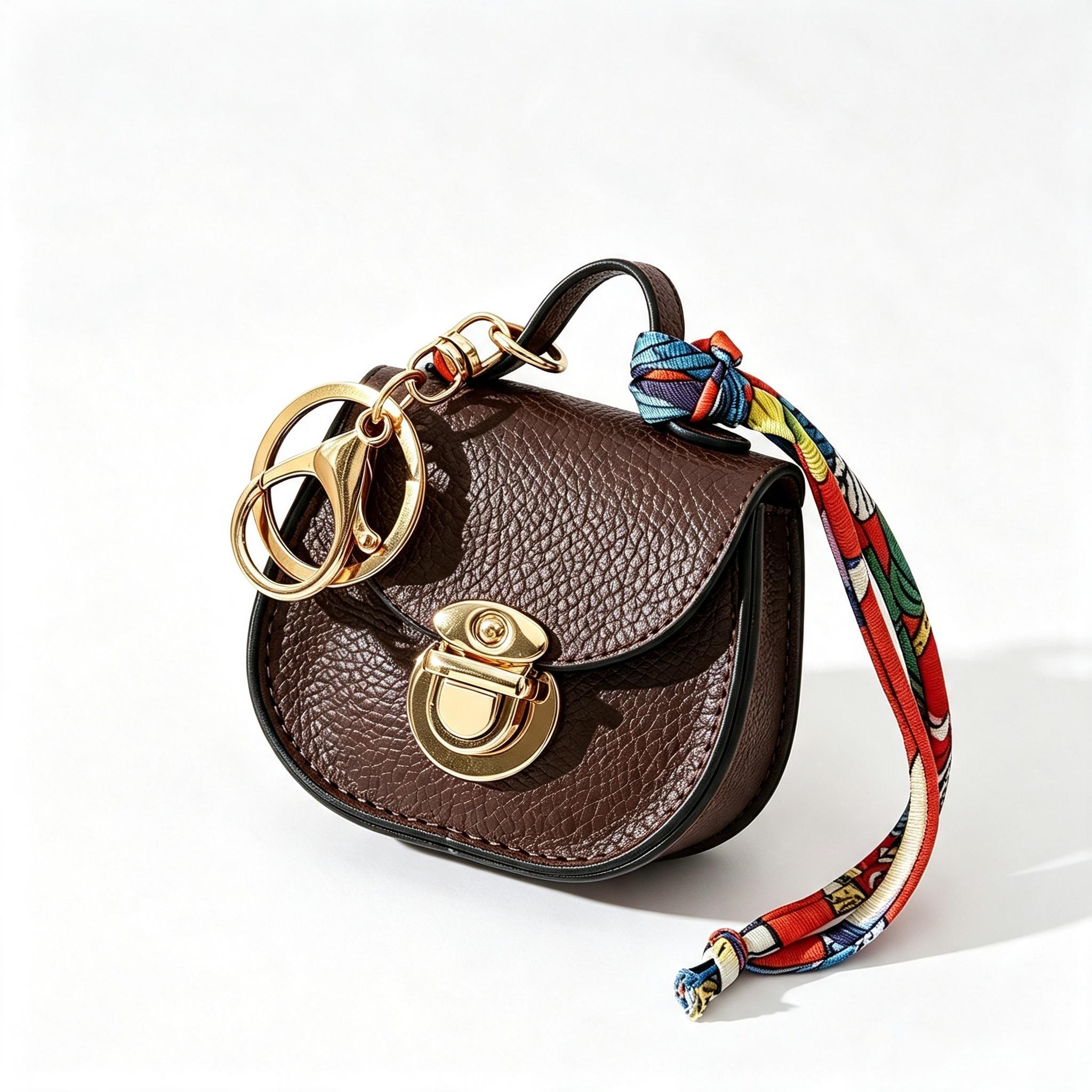 Women Mini PU Saddle Coin Purse Keychain, Luxury Design with Scarf Wrist Strap Lock, Can Be Used As Handbag Charm, Anti-lost Portable Storage Pouch for Lipstick & Wireless Earbuds