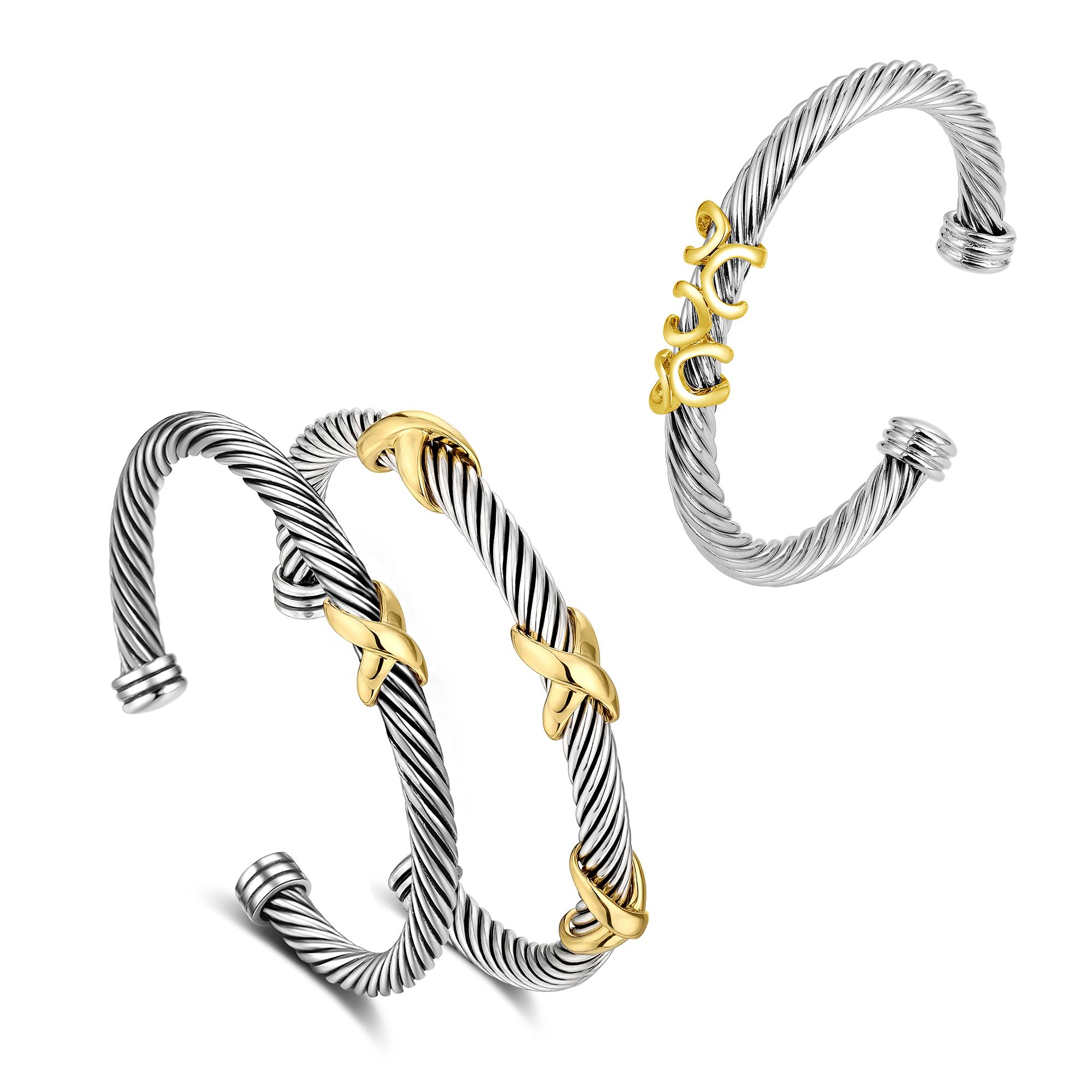 Mytys Two Tone Twisted Cable Bracelet for Women Fashion Wire Cuff Dupes Bracelet Open Adjustable Bangle Jewelry Gifts for Her