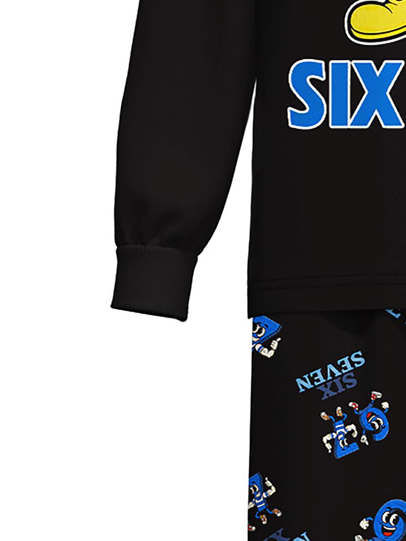 #67 Kids Long Sleeve Pajama Set,  Six Seven Cute Cartoon Pattern, Loose-Fitting Sleepwear, All Seasons, Ideal Gift for New Year & Reading Festival, Cartoon Print Pajama