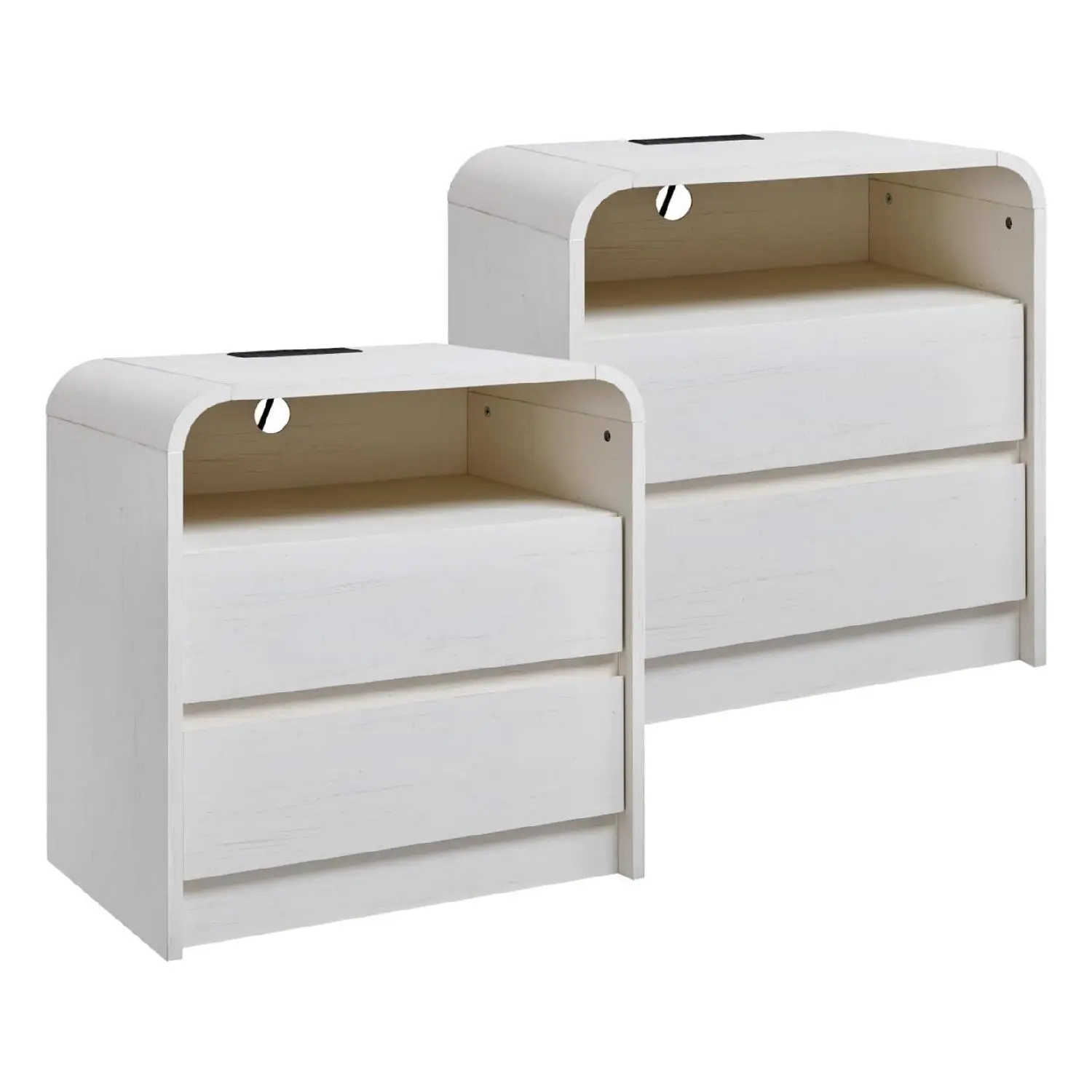 Gaomon Modern Curved Nightstand, 2-Drawer Bedside Table with Charging Station, Cable Management & Open Shelf, 130lb Capacity, Oak/Black/White, Single or 2-Pack