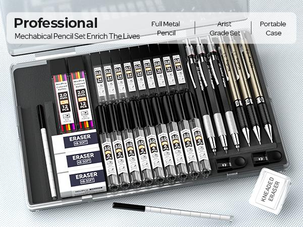 Nicpro 6 Pack Art Mechanical Pencil Set, 3 Pack Metal Drafting Pencil 0.5 mm & 0.7 mm & 0.9 mm & 3 Pack 2mm Lead Holder (6B 4B 2B HB 2H 4H Colors) for Sketching Drawing with 20 Tube Lead Refills Case