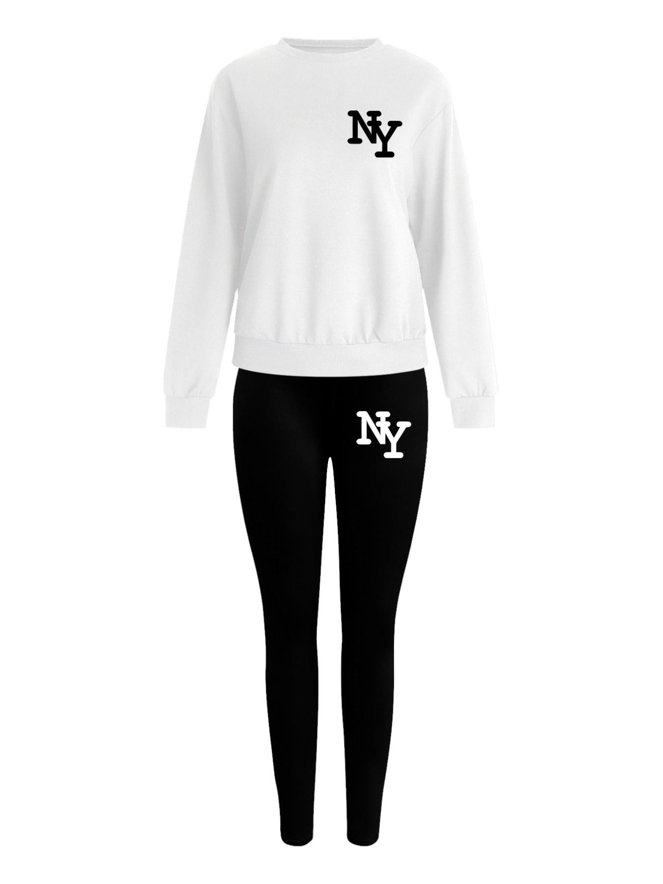 Women's 2-Piece Sweatshirt Set, Ny Letter Print, Round Neck Long Sleeve, Long Pants, Casual Fall Winter, Fitted Style