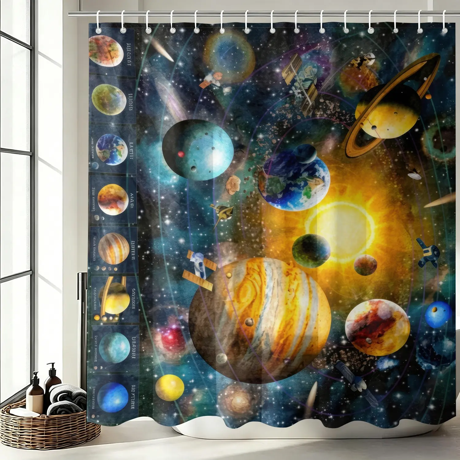 Realistic Eight Planets Of The Solar System Waterproof Polyester Shower Curtain, 12 Free Plastic Hooks. Water Repellent, Mildew Proof, Quick Drying As Shower Partition. Suitable For Kids’ Bathrooms, Astronomy Enthusiasts Boys’ Bedrooms Decor
