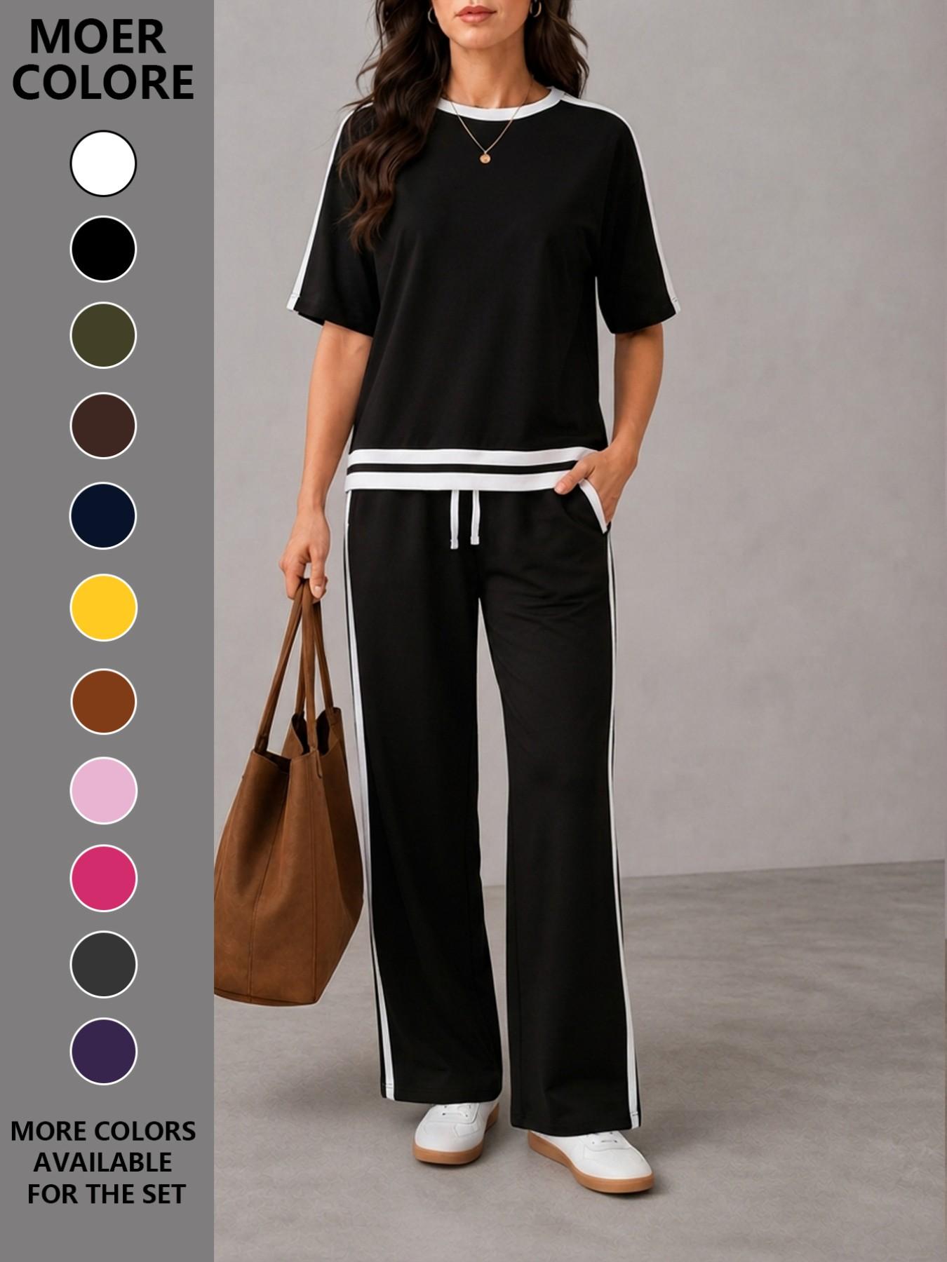 Women's Casual Sportswear Set, Plain Round Neck Short Sleeve T-Shirt and Striped Pants, Spring Summer Two-Piece, All Seasons, Loose Casual Athleisure