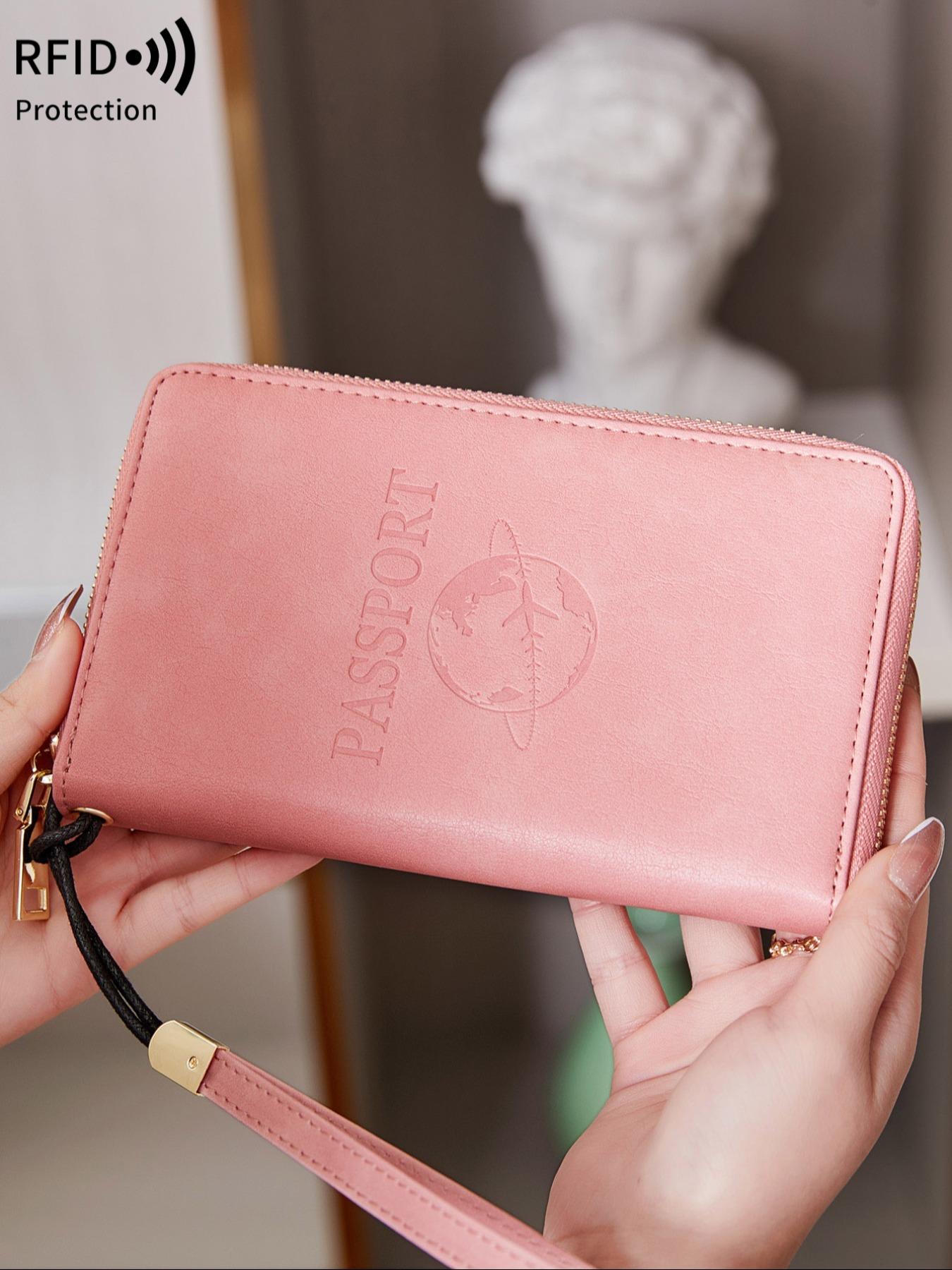 Letter Pattern Embossed Passport Holder, Summer 2025 New Arrival Multi-functional Portable Airplane Pattern Ticket Clip, Pu Leather Credit Card Travel Zipper Wallet with Wrist Strap, Travel Essential