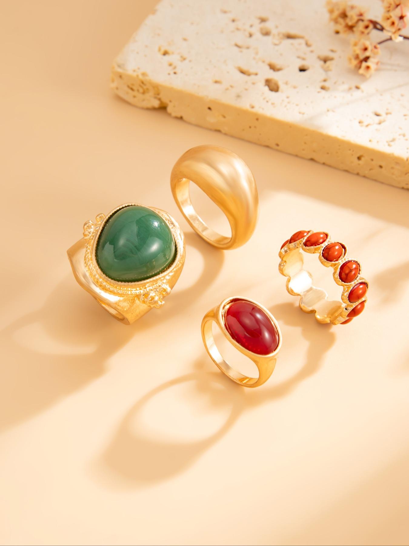 Women's Alloy Ring Set, Stackable Rings, Vintage Fashion Geometric Gemstone Inlay Jewelry, Perfect Gift for Women Daily Wear & Party Events