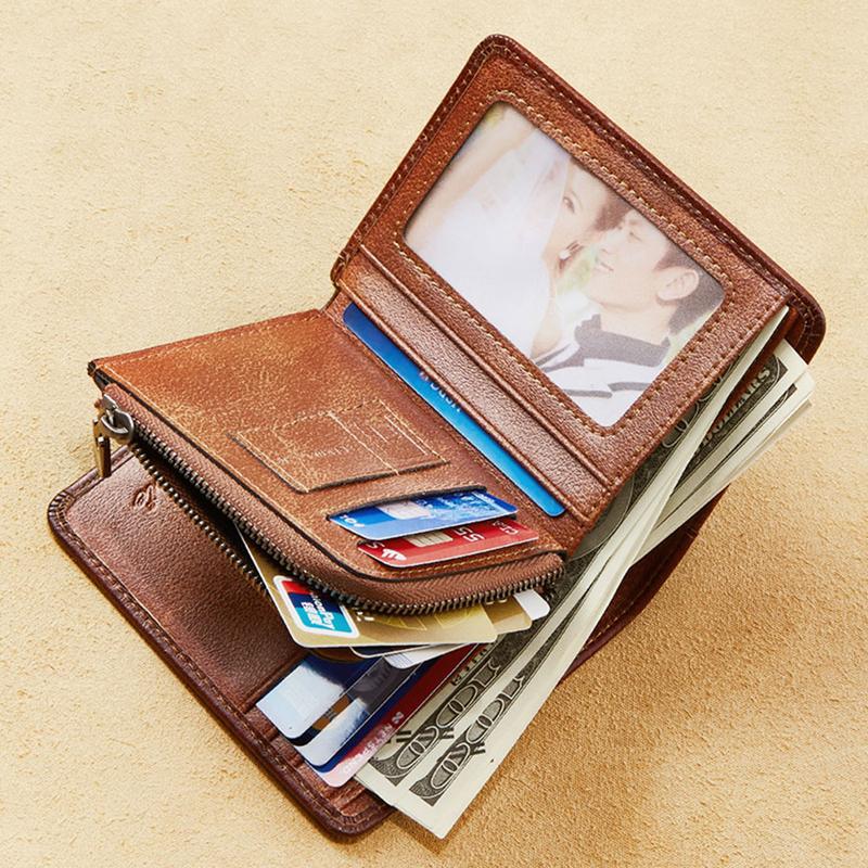 Cowhide Leather Wallets for Men Vintage Short Multi Function Purse RFID Blocking Protection Zipper Coin Pouch ID Credit Card Holder Genuine Leather Money Bag