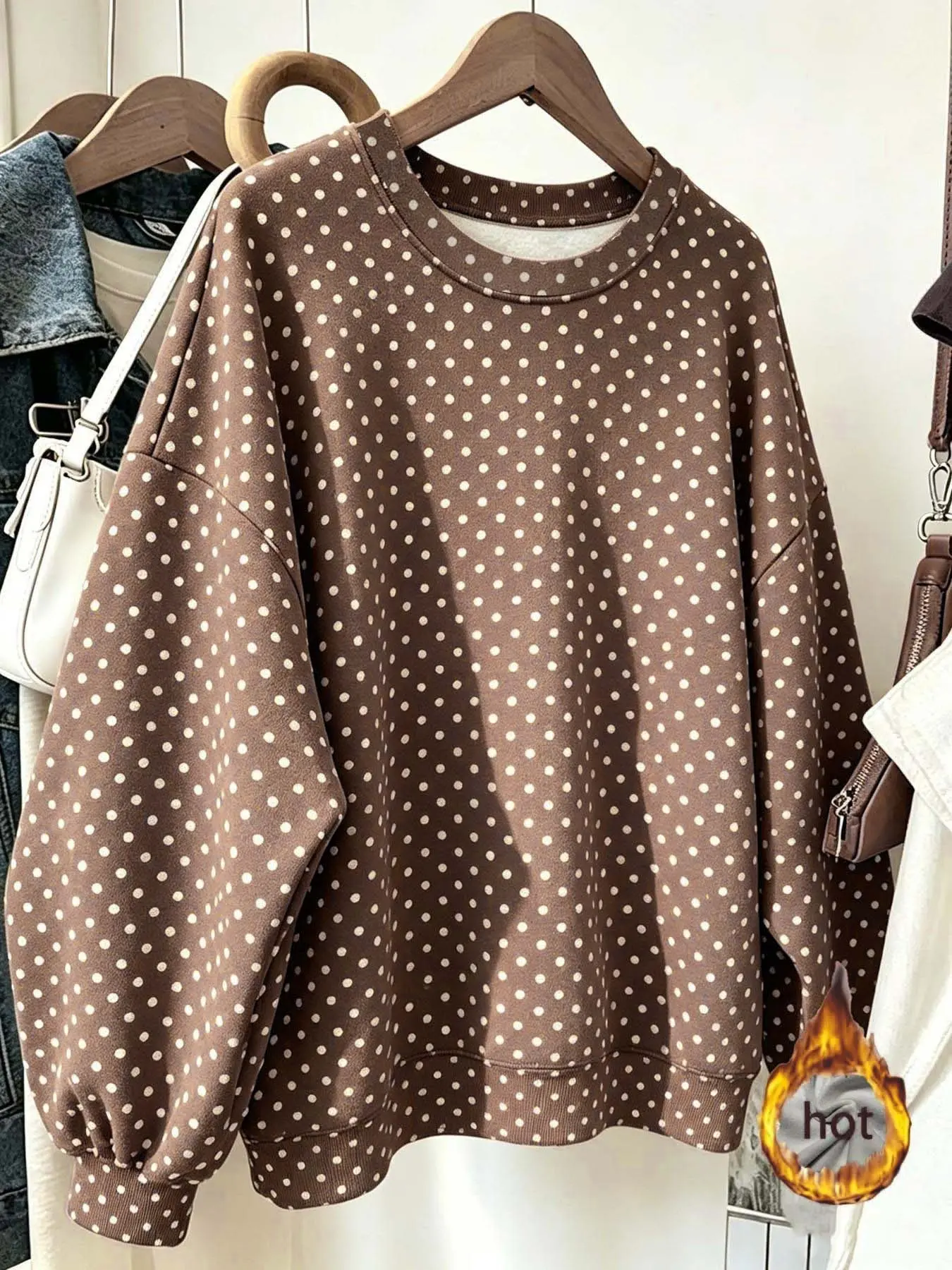 Vintage Polka Dot Round Neck Sweatshirt for Women, Loose Fit Lantern Sleeve Oversize Casual Top, Fall & Winter Long Sleeve
