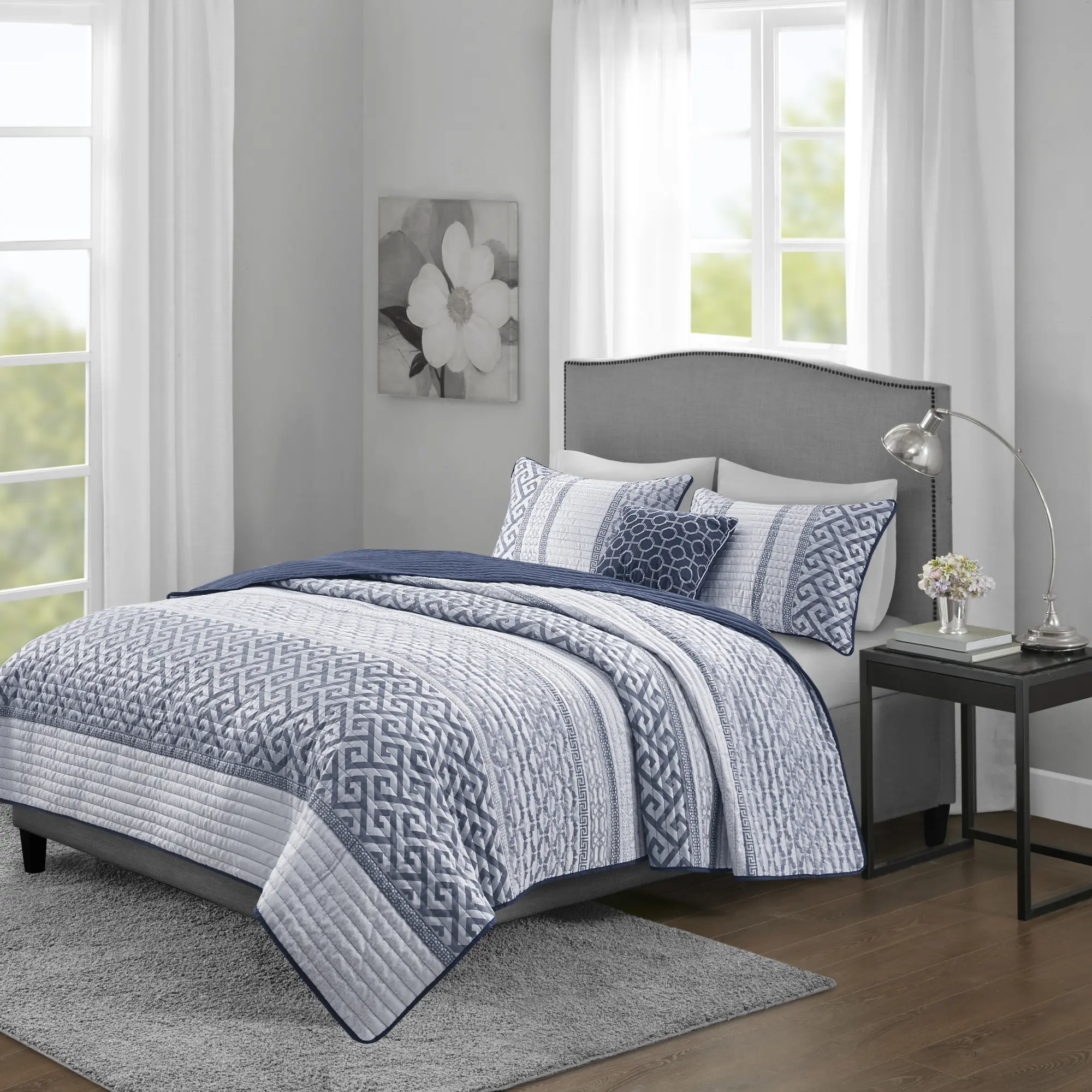 Nokaa 4-Piece Jacquard Quilt Set with Throw Pillow, Navy Full/Queen Bedding Set, Lightweight All-Season Bedspread Coverlet, Traditional Geometric Pattern, Hypoallergenic Polyester, Machine Washable